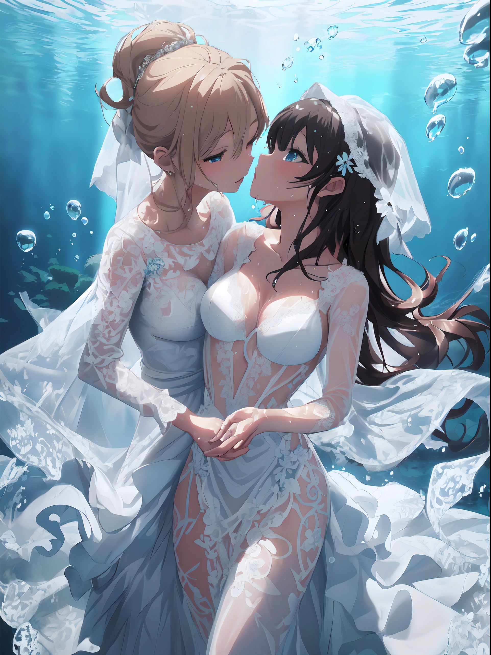 wallpaper anime blue water, beautiful fantasy anime, closeup fantasy with water magic, high definition anime art, Beautiful anime artwork, A beautiful artwork illustration, Beautiful anime art, Anime fantasy artwork, hd anime wallaper, ultra hd anime wallpaper, Anime art wallpaper 4 K, Anime art wallpaper 4k, hd anime wallpaper,(from above, panorama, perspective),((best quality)), ((masterpiece)), (detailed),(dynamic perspective),(1 woman and 1 loli), 1 woman (kissing) 1 loli in (((wet clothes)),(deep kiss:1.2),(wet),(wet body),patient expression,transparent,[dress],((((wet translucent beauty white dress with Lace pattern and beautiful sheer dress with embroidery, very long dress))),bset frills, best wrinkles), best shadow, ((underwater photography, floating under water, underwater photo, in water,deep water, floating drowning)), ((1 woman in wedding dress with Lace pattern,1 loli in sheer dress with embroidery)),yuri,(drowning,sinking),many water bubbles,(masturbation,clothed_masturbation), 8k resolution