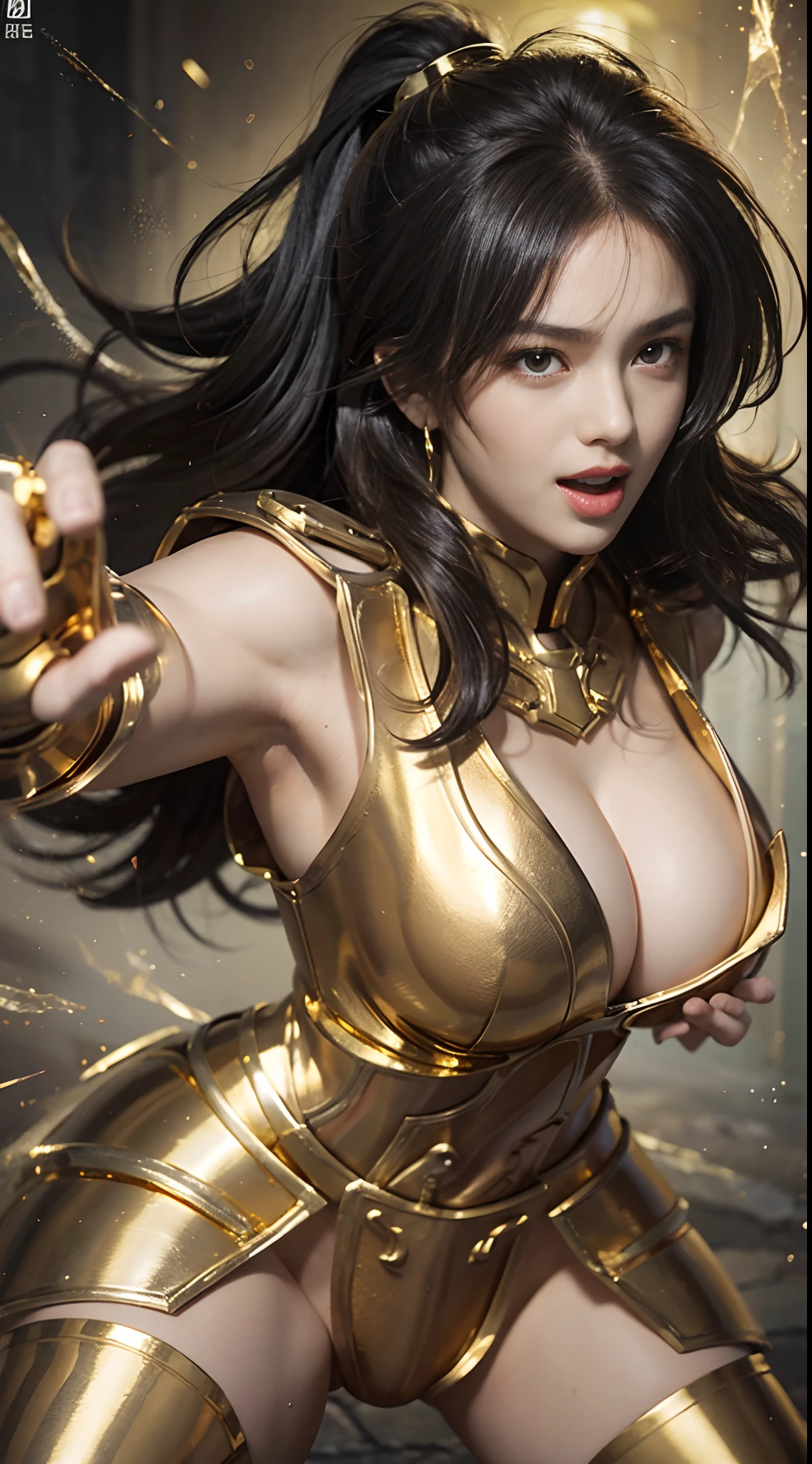 In the martial arts arena of the Colosseum in Greece、Martial Arts Tournaments、Saint Seiya、Beautiful One Girl、huge-breasted、cleavage of the breast、beauty legs、(((Wearing futuristic combat armor that glows in gold)))、((Metal Armor))、((Scream))、((exclamation))、((fighting poses))、8k, top-quality, （pubic hair beauty）、hight resolution, 逼真, realperson,