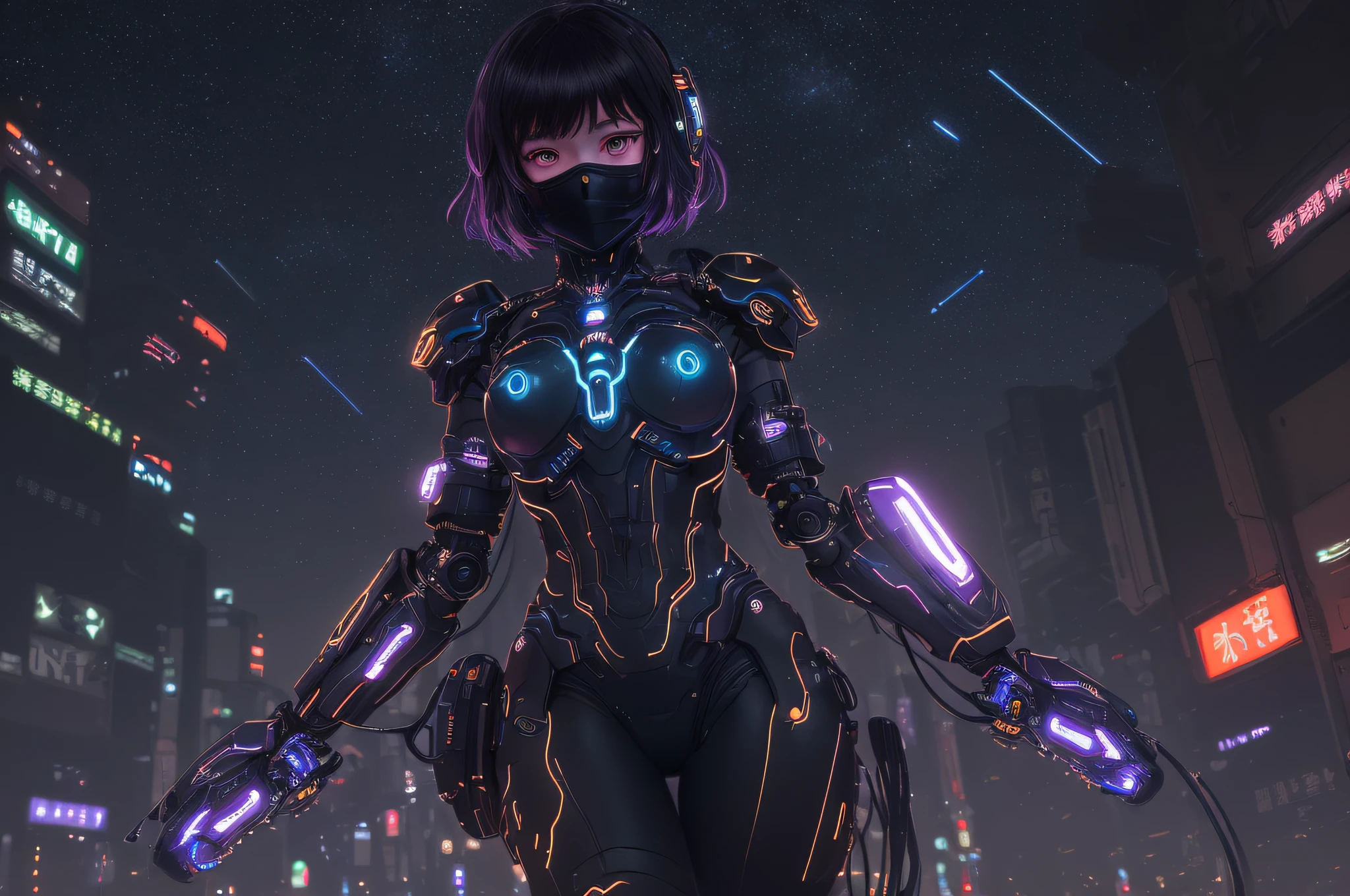photo, high quality, (close-up shot of 1girl), to8contrast style,mechanical arms, cyborg, slime colored skin, liquid slime skin, arms up, face mask, slime girl, red eyes,(((alone in the darkness, night tokyo background, unlit, hard shadows, deep contrast))), pantyhose, blue lights, modelshoot style, small breasts,(extremely detailed CG unity 8k wallpaper), full body, most beautiful artwork in the world, trending on ArtStation, trending on CGSociety, Intricate, High Detail, Sharp focus, dramatic, night starry sky, photorealistic painting art by midjourney and ilya kuvshinov,