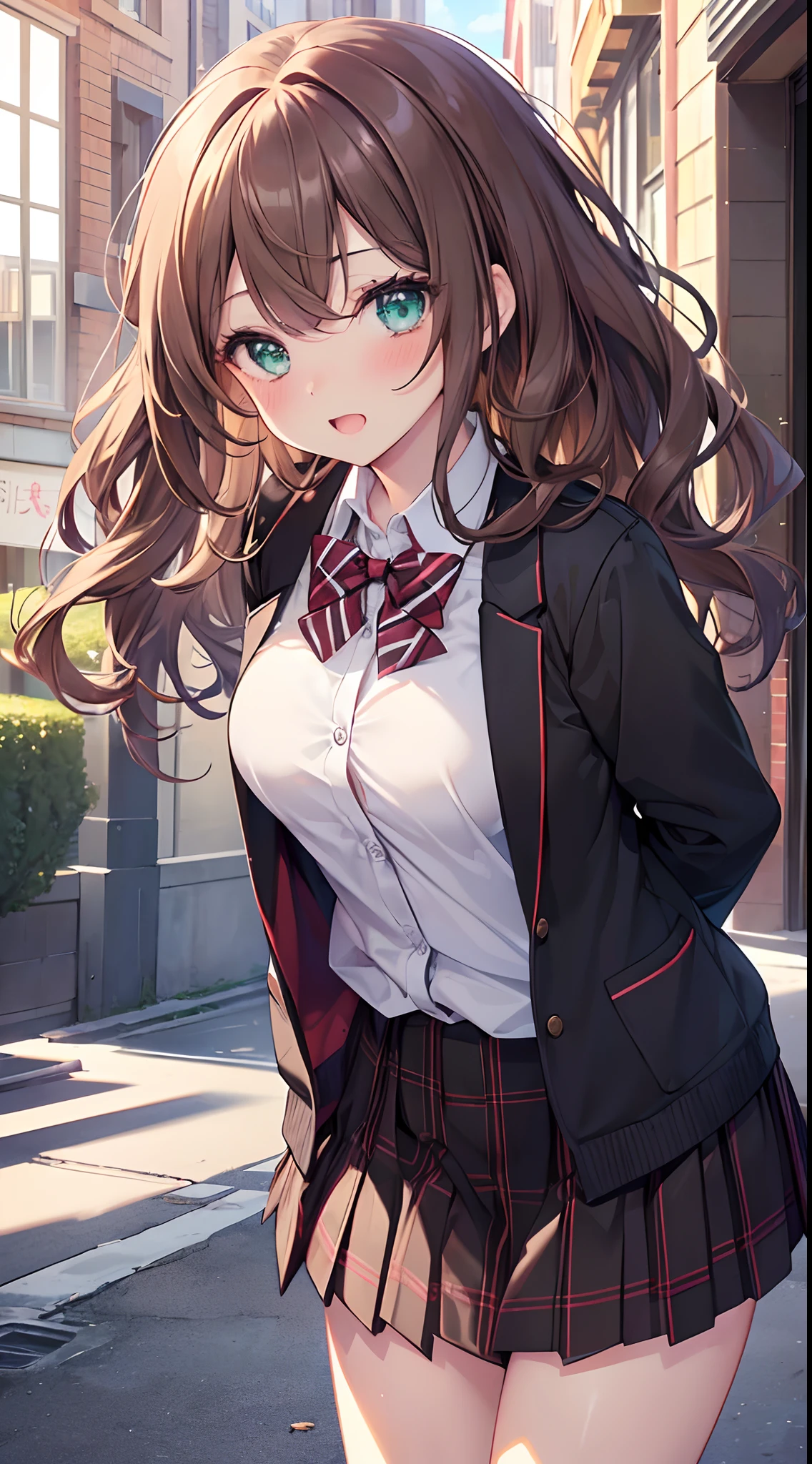 ((on the table, best quality, high resolution, north african free trade area, pixel perfect, depth of field, 4K, north african free trade area, north african trade zone))), 1 girl in, single, alone, beautiful anime girl, beautiful art style, anime characters, ((long hair, Bangs, dark brown hair, curls:0.8)), ((green eyes:1.4, delicate eyes, beautiful eyes, perfect eyes,Curly eyelashes, realistic eyes)), ((Detailed face, blush:1.2)), ((smooth texture:0.75, Realistic texture:0.5, Anime CG style)), medium, dynamic angle, plump, Perfect body, dynamic poses, ((red bow tie, Uniforms, black jacket, open jacket, Brown cardigan, White shirt, black skirt, Plaid skirt)), Smile, open mouth, Put your arms behind your back, lean forward, amment park, ((close up, Throw, Lovely, cum on face))