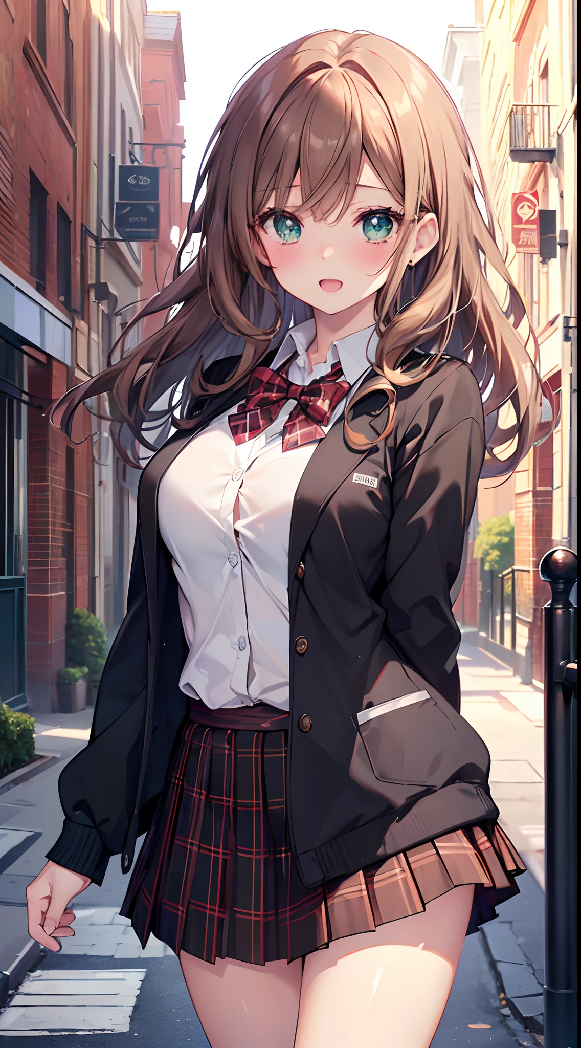((masutepiece, Best Quality, hight resolution, nffsw, Perfect Pixel, depth of fields, 4K, nffsw, nffsw))), 1girl in, Single, Solo, Beautiful anime girl, Beautiful Art Style, Anime Character, ((Long hair, Bangs, dark brown hair, Curly hair:0.8)), ((Green eyes:1.4, Detailed eyes, Beautiful eyes, Perfect eyes,Curly eyelashes, Realistic eyes)), ((Detailed face, Blushing:1.2)), ((Smooth texture:0.75, Realistic texture:0.5, Anime CG style)), medium breasts, Dynamic Angle, busty, Perfect body, Dynamic Pose, ((red bowtie, School uniform, Black jacket, Open jacket, Brown cardigan, White shirt, Black skirt, plaid skirts)), Smile, Open mouth, arms behind back, Leaning forward, Amulment Park, ((close up, POV, Cute, Shoot in the face))