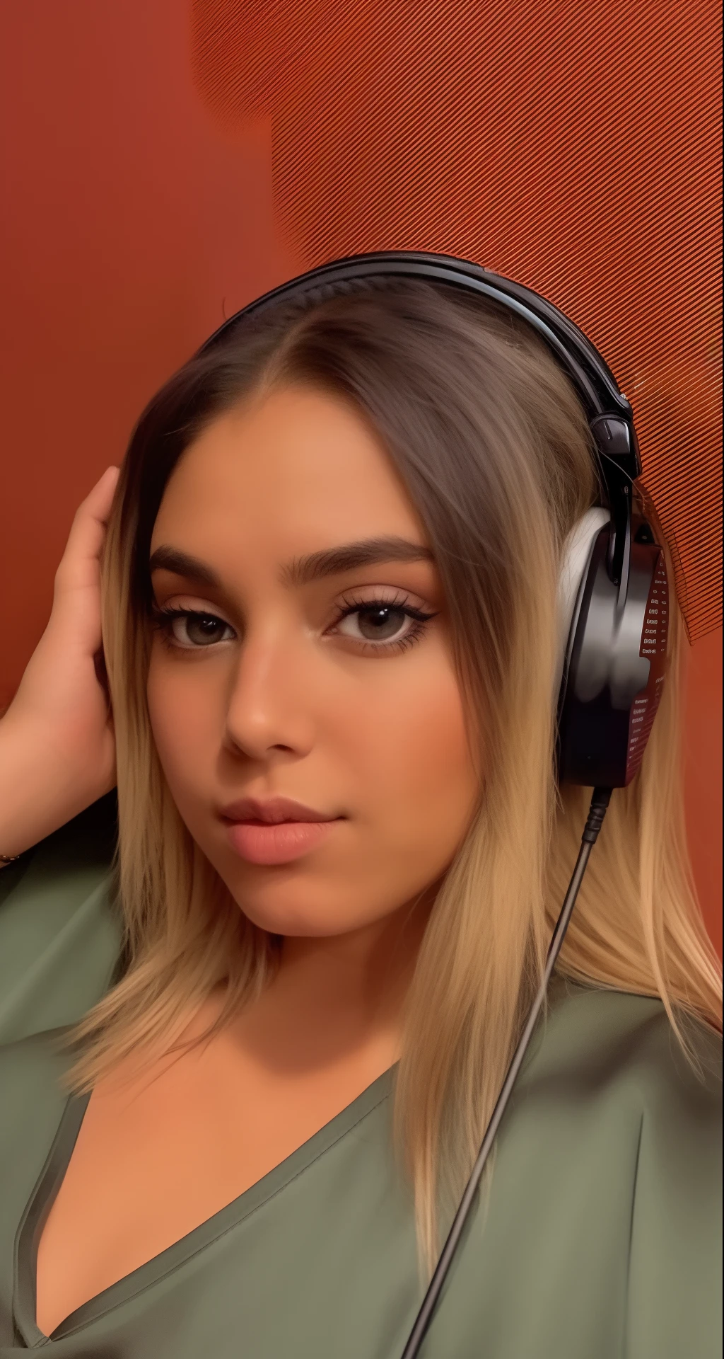 Femme avec des écouteurs assis devant un micro, Photo de profil, Violet Myers, avec écouteurs, prise au début des années 2020, avec écouteurs, Portrait Sophie Mudd, Photo de profil, Ameera al Taweel bronzée, Photo de profil professionnelle, Photo de profil, Photo de la jeune femme, inspiré par Esaias Boursse
