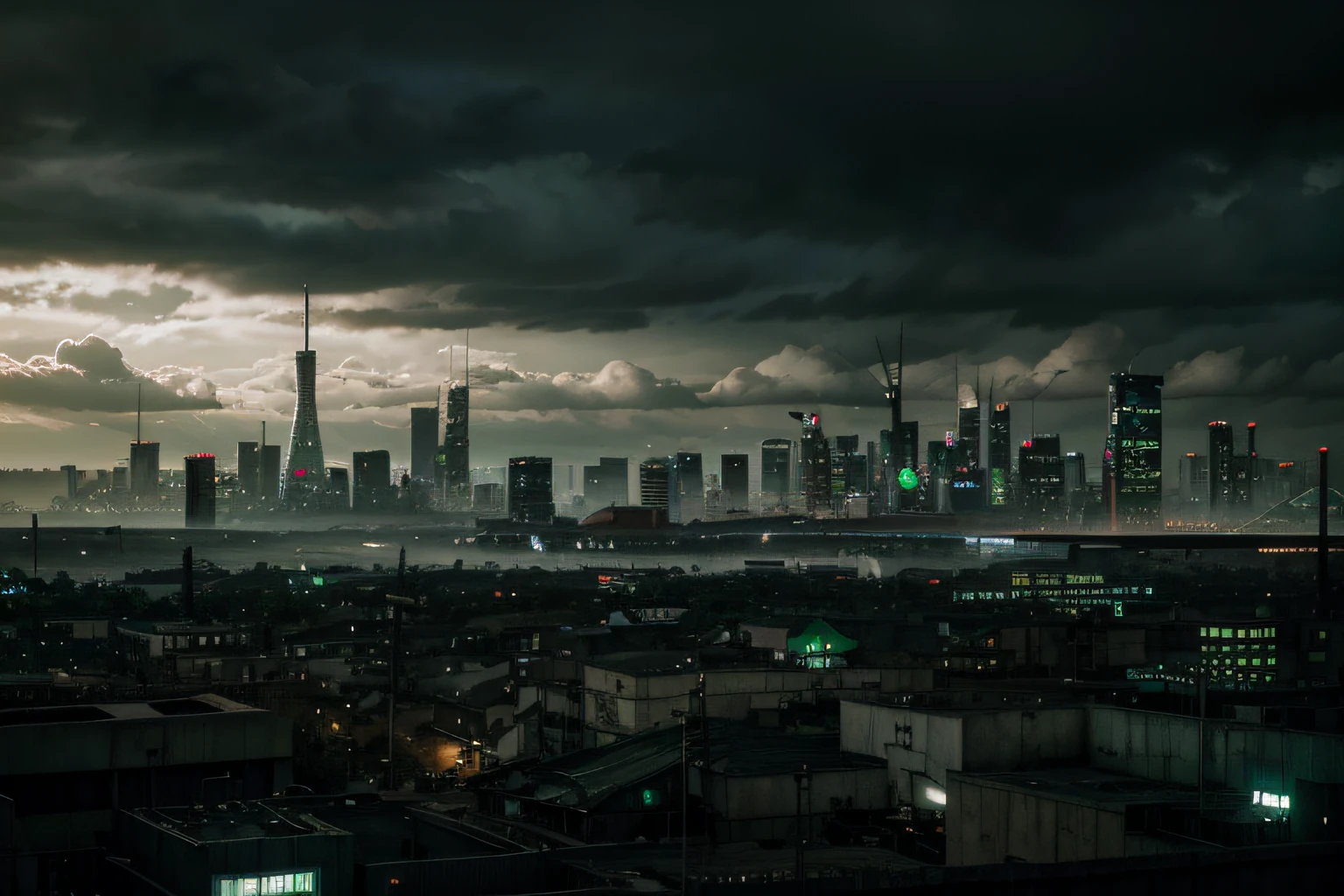 gloomy landscape, hopeless cyberpunk dystopian cityscape in green gray steel lights
