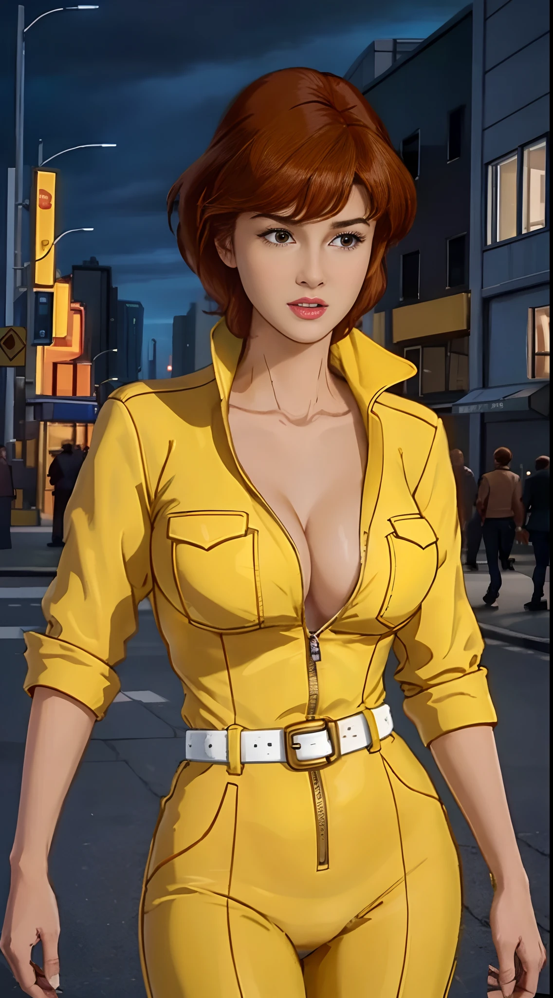 Unreal engine: 1.4, UHD, Best quality: 1.4, photorealistic: 1.4, skin texture: 1.4, masterpiece: 1.8, Cowboy shot, April O'Neil waifu, 1980s (style), 1 woman, Short ((crimson)) hair, Serious expression, Worried expression, Retro art style, Short hair, Female TV reporter, Speaking into the microphone, Yellow jersey suit, White belt, Yellow jersey suit at the hips, Half breasts, neckline, hyper-realistic eyes, Beautiful eyes, detailed eyes, realistic face, beautiful woman, realistic background, Urban street, Street lights at night, Amazing lights, amazing background, microphone, TV reporter, cameltoe