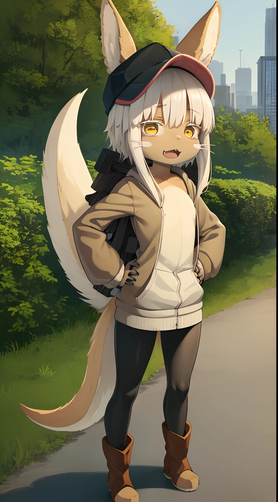 1girl, solo, furry, fluffy, brown fur, short hair, nanachi \(made in abyss\), long hair, animal ears, tail, yellow eyes, hoodie, boots, baseball cap, hand on hip, :3, open mouth, standing, looking at viewer, outdoors, city