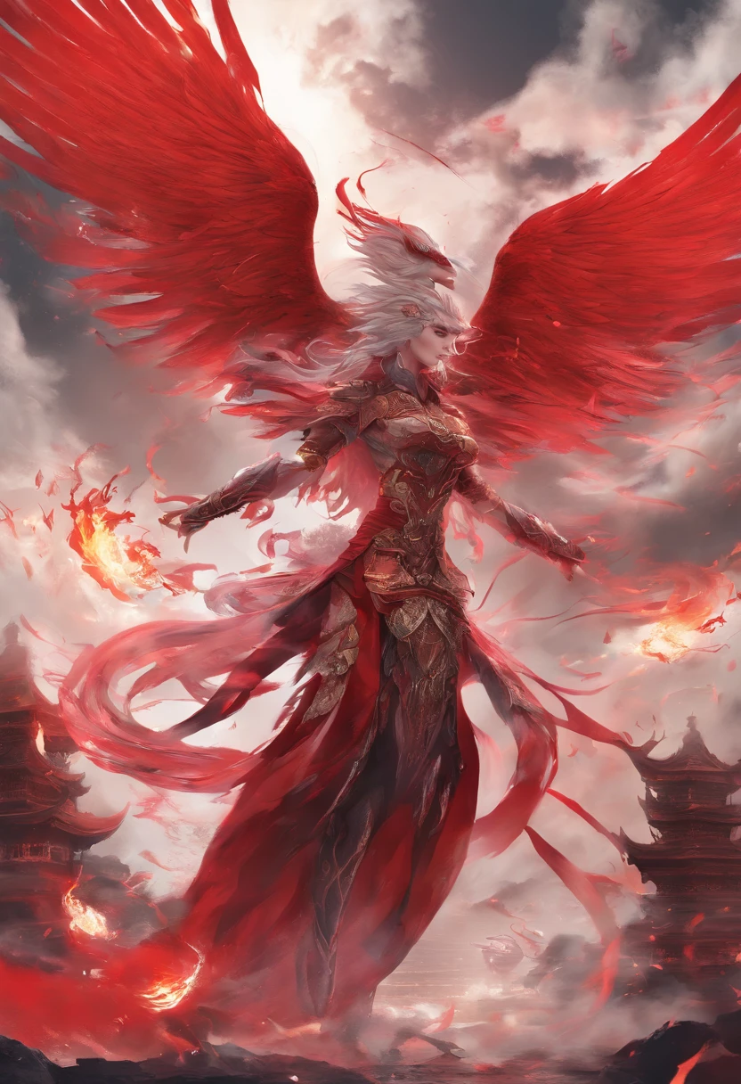 china style，Chinese mythology，Firebird，tosen，Ferocious，immensity，Eyes glow red，surrounded by flames，Surrounded by clouds，中景 the scene is，Full body like， Highly detailed surreal VFX，OC rendering， - AR 16:9 --q 2 --s 1000