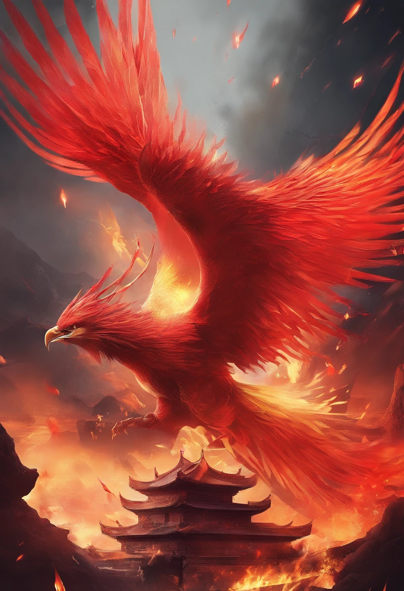 china style,Chinese mythology,Firebird,tosen,Ferocious,immensity,Eyes glow red,surrounded by flames,Surrounded by clouds,中景 the scene is,Full body like, Highly detailed surreal VFX,OC rendering, - AR 16:9 --q 2 --s 1000