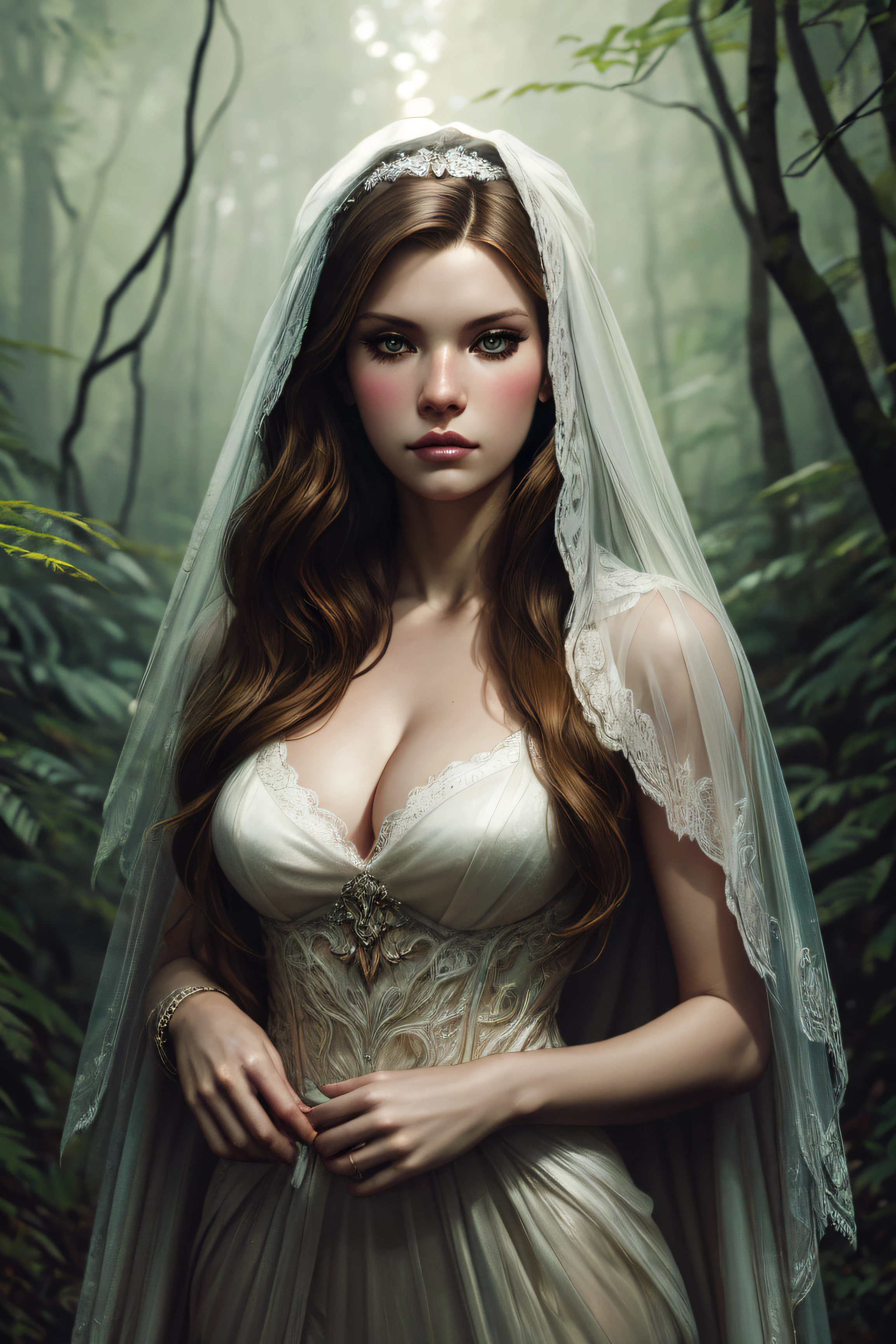 Jessica Simpson, wearingelegant veil bride sexy clothes, stand in the forest, character portrait, 4 9 9 0 s, long hair, intricate, elegant, highly detailed, digital painting, artstation, concept art, smooth, sharp focus, illustration, art by wlop, charlie bowater and alexandra fomina