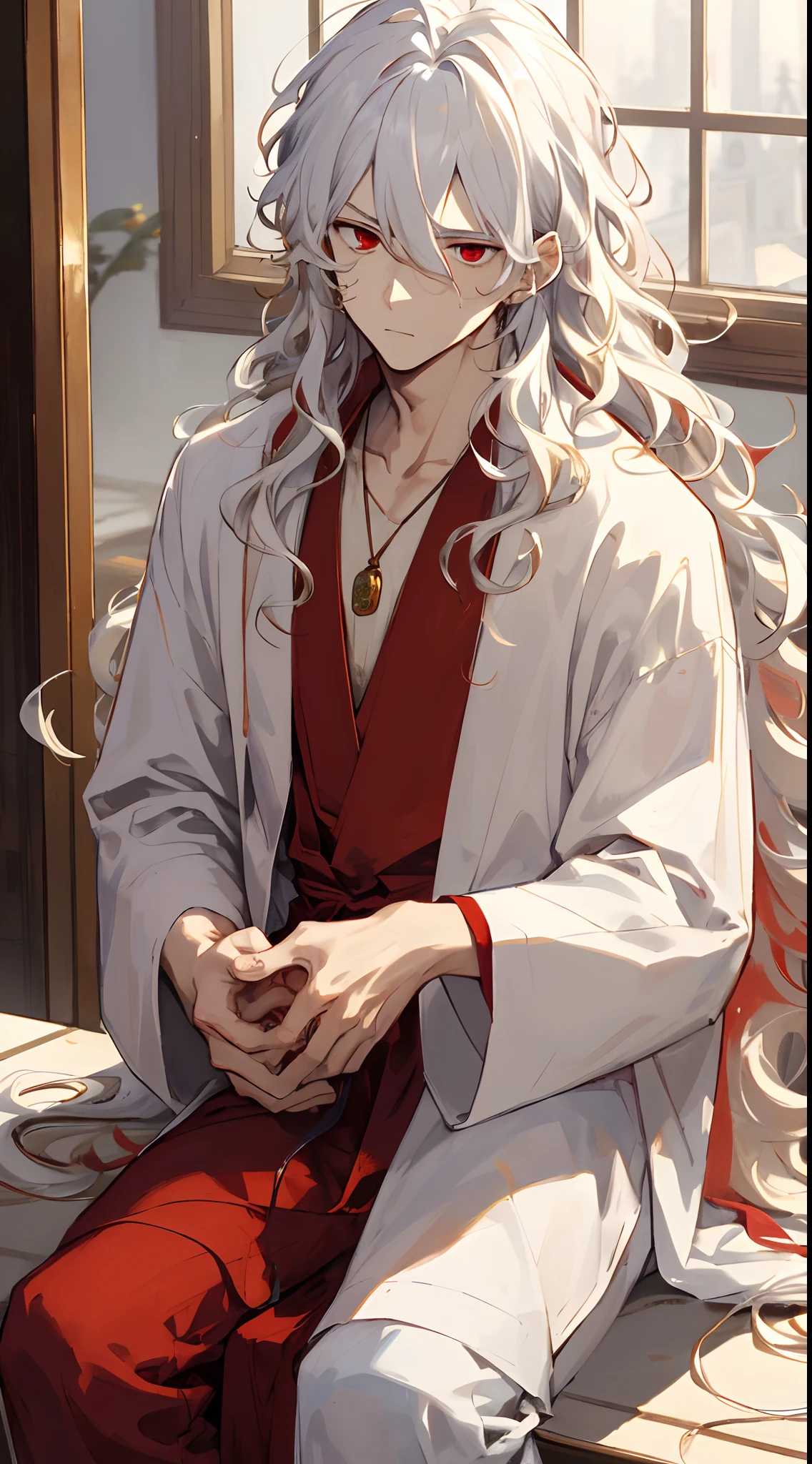 (masterpiece, best quality, high quality), 1boy, 1guy ((unimpressed)), sitting, looking at viewer, white hair, (long hair, disheveled hair), red eyes, :(, flowing hair, curly and wavy hair, wearing a red gemstone pendant, wearing a simple white silk robe