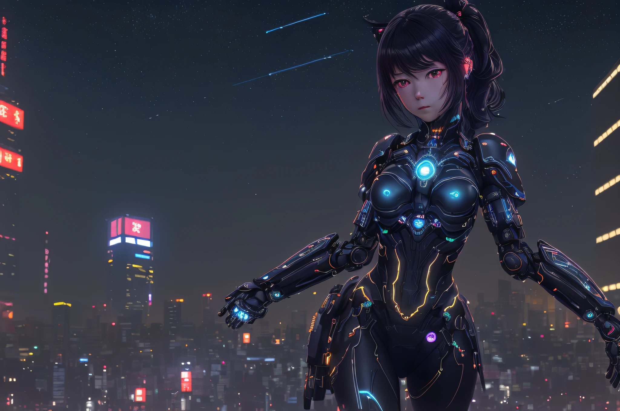 photo, high quality, (close-up shot of 1girl), to8contrast style,mechanical arms, cyborg, slime colored skin, liquid slime skin, arms up, face mask, slime girl, red eyes,(((alone in the darkness, night tokyo background, unlit, hard shadows, deep contrast))), pantyhose, blue lights, modelshoot style, small breasts,(extremely detailed CG unity 8k wallpaper), full body, most beautiful artwork in the world, trending on ArtStation, trending on CGSociety, Intricate, High Detail, Sharp focus, dramatic, night starry sky, photorealistic painting art by midjourney and ilya kuvshinov,