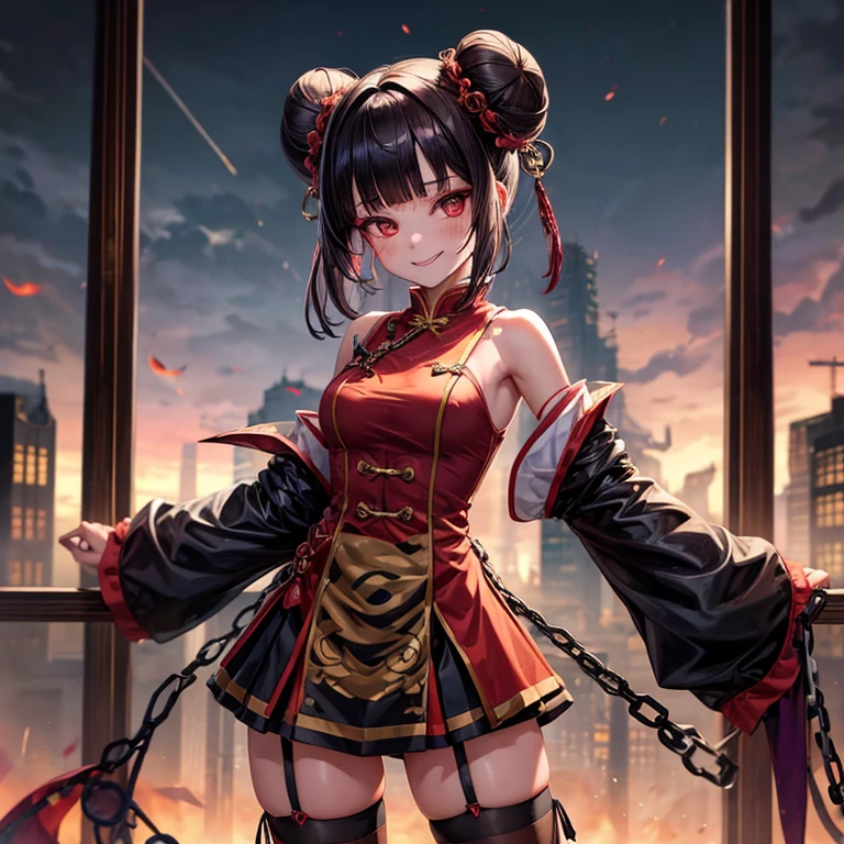 1girl in,Solo,Jiangshi Costume,Double bun,Blunt bangs,Evil smile,ruined buildings,zettai ryouiki, light brown eyes, chain storm,Cinematic lighting,
