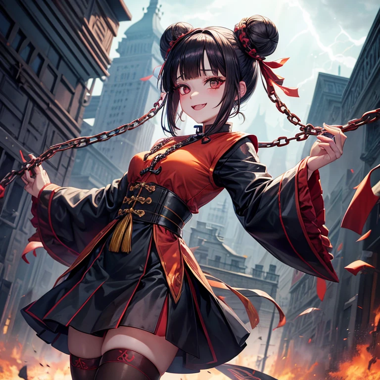 1girl in,Solo,Jiangshi Costume,Double bun,Blunt bangs,Evil smile,ruined buildings,zettai ryouiki, light brown eyes, chain storm,Cinematic lighting,