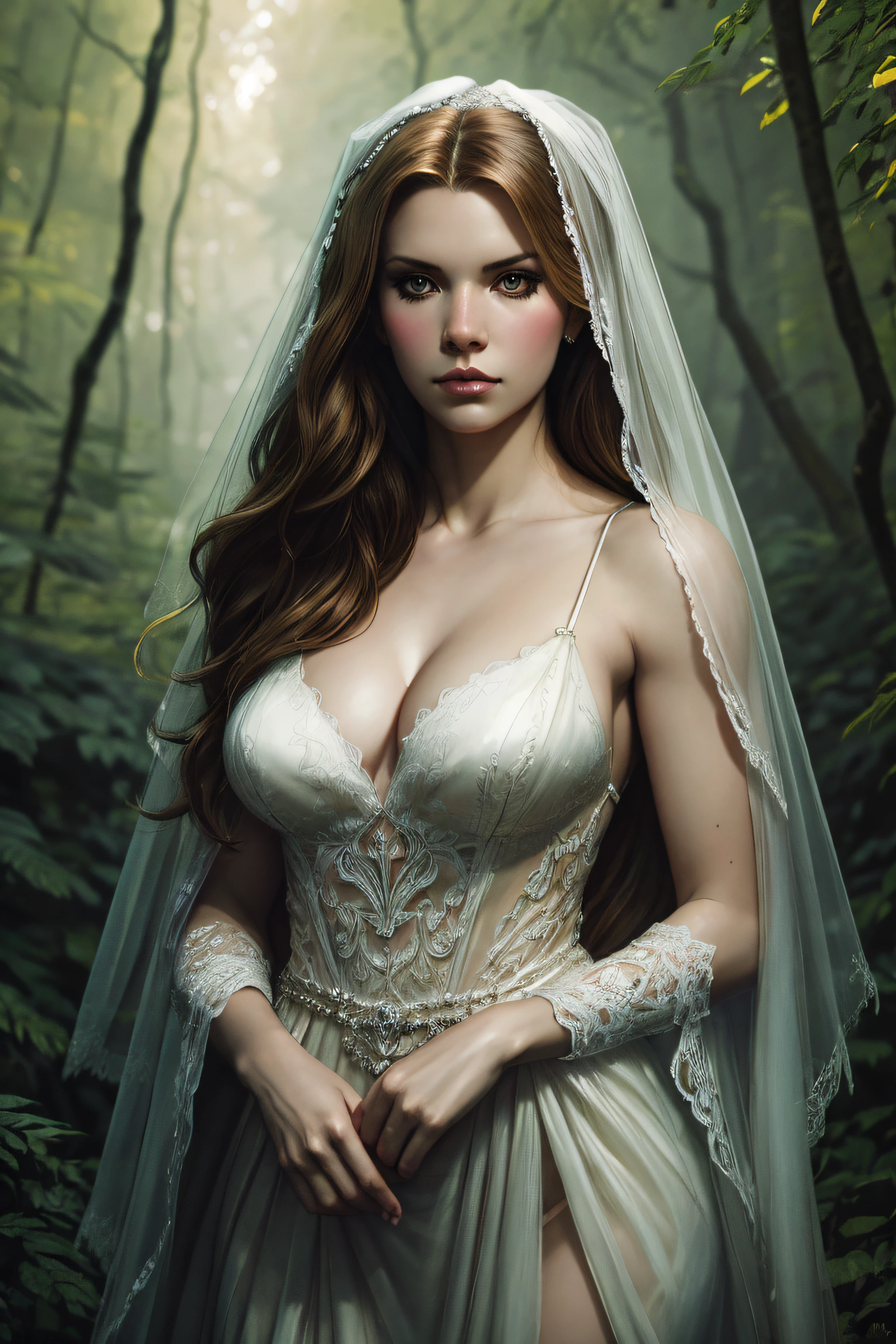 Jessica Simpson, wearingelegant veil bride sexy clothes, stand in the forest, character portrait, 4 9 9 0 s, long hair, intricate, elegant, highly detailed, digital painting, artstation, concept art, smooth, sharp focus, illustration, art by wlop, charlie bowater and alexandra fomina