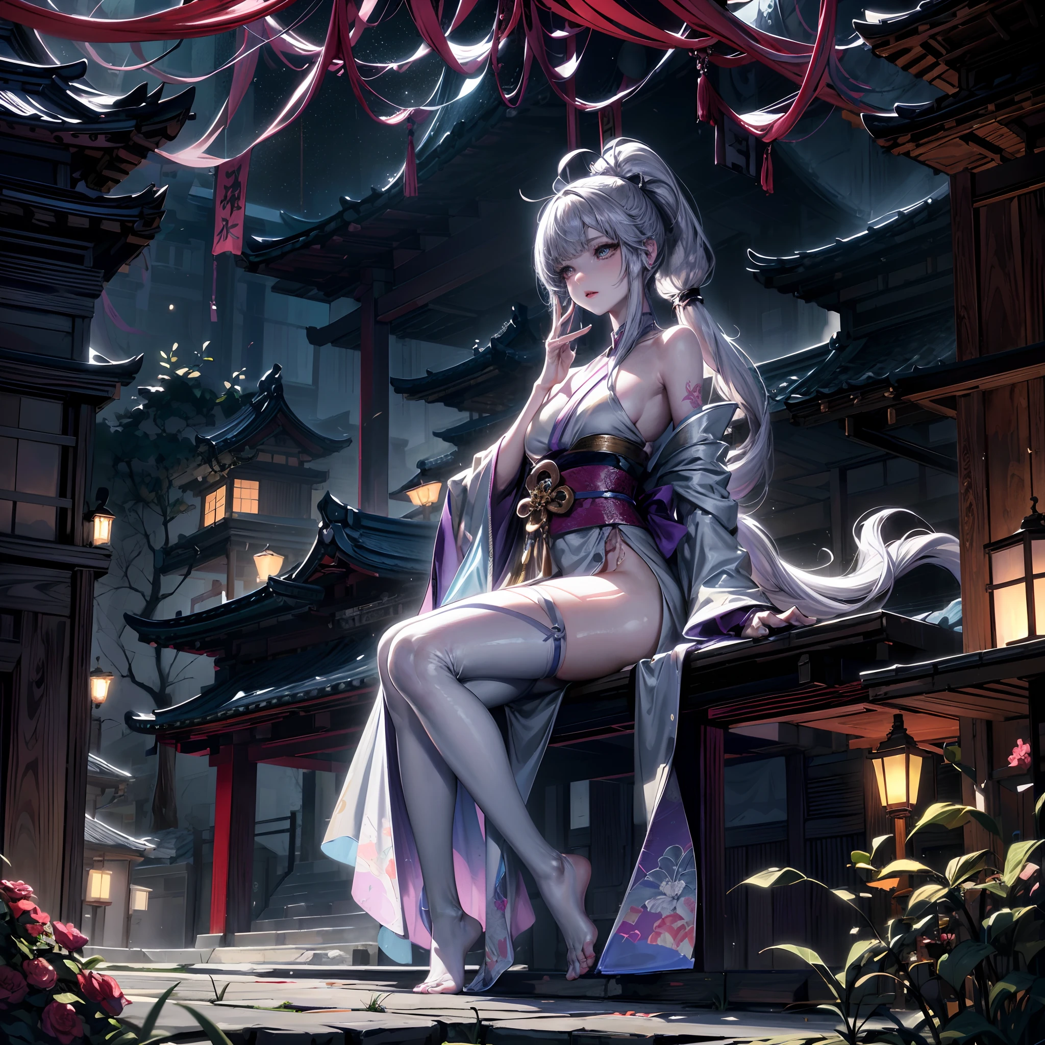 Cinematic lighting,super detailed skin、Beautiful detailed eyes、Best Quality,Perfect Anatomy,(Alternative、dim colors, Soothing tones:1.3),(Detailed beautiful facial features、poneyTail:1.3)Girl in a fancy purple kimono、 (Girl with a long Japan sword in her hand、Highly detailed hands:1.6)katanas、Inside the temple where you can see the waterfall of Kiyomizu-dera Temple、Highly detailed feet(deep in the night、moon shining、beautiful night:1.5)White fox、fullllbody