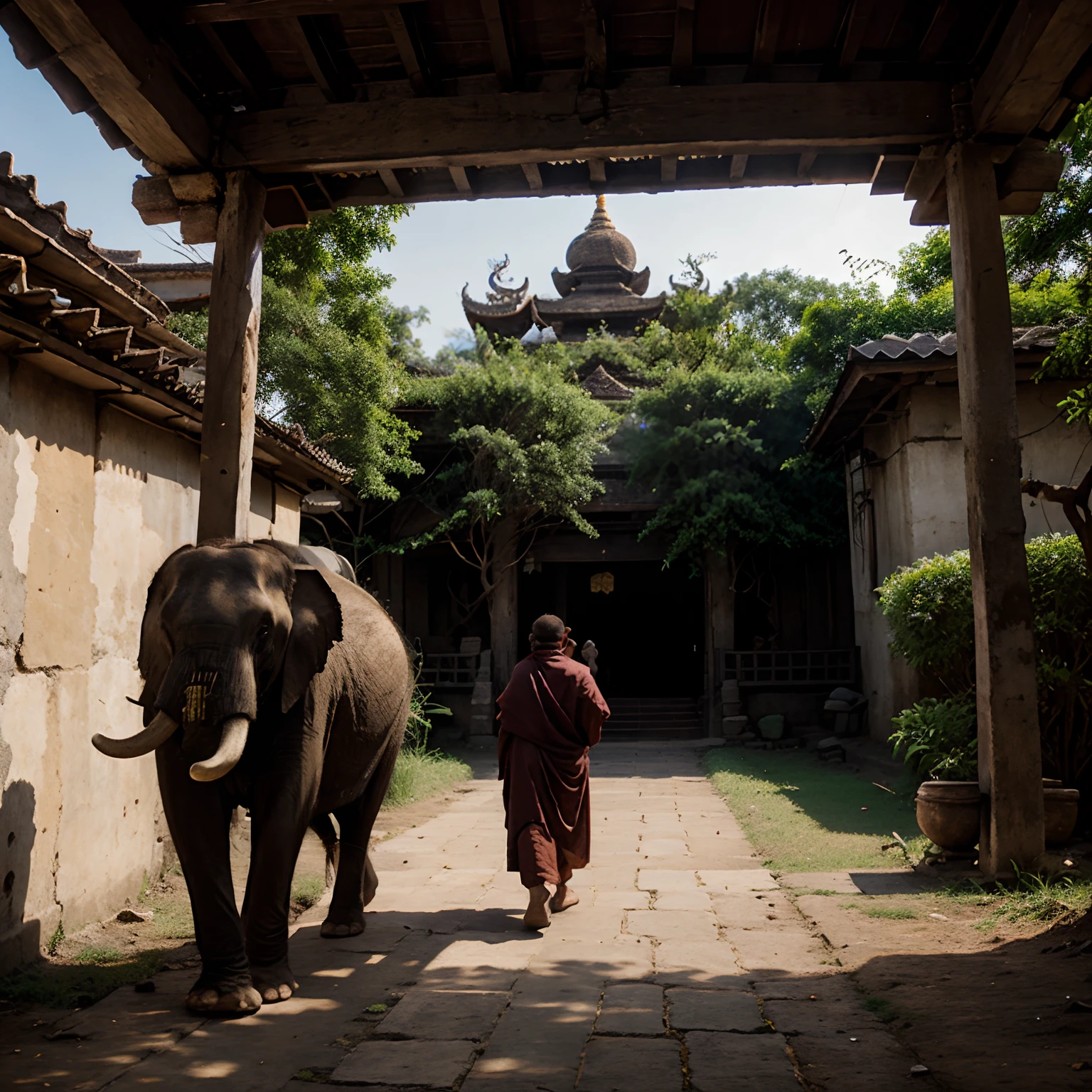 Walking an old monk towards a temple with an elephant, nature landscape ratio