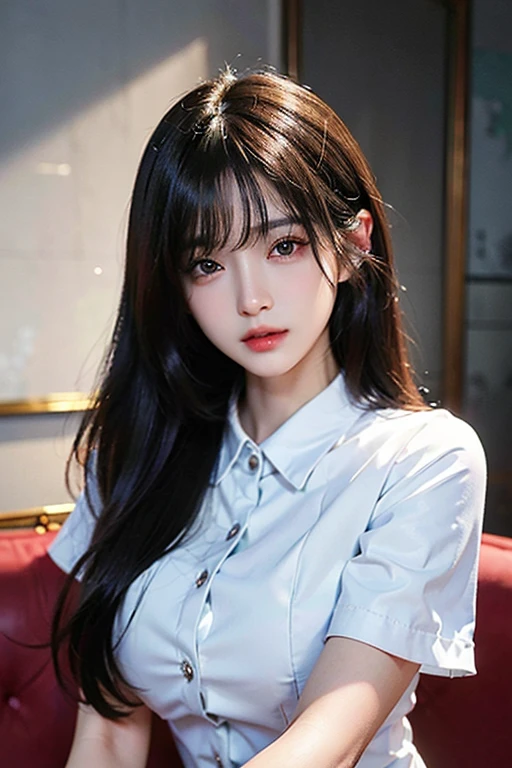 超A high resolution、masterpiece、top-quality、
extra detailed face、A detailed eye、Very complex and、perfect glossy shiny skins、Perfect litthing、Detailed Lighting、Dramatic shadows、光线追踪、
1 girl in、The upper part of the body、Counter Staff Uniforms、looking at the viewers、
