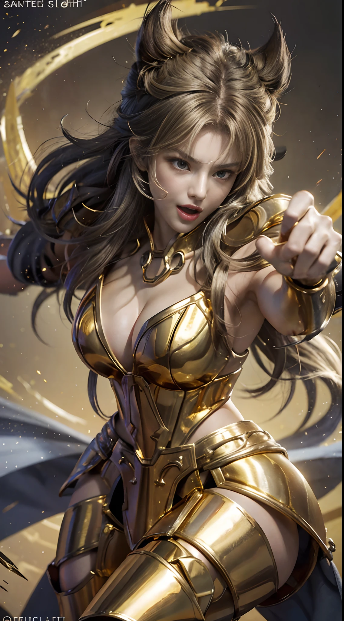 In the martial arts arena of the Colosseum in Greece、Martial Arts Tournaments、Saint Seiya、Beautiful One Girl、huge-breasted、cleavage of the breast、beauty legs、(((Wearing futuristic combat armor that glows in gold)))、((Metal Armor))、((Scream))、((exclamation))、((fighting poses))、8k, top-quality, (pubic hair beauty)、hight resolution, 逼真, realperson,