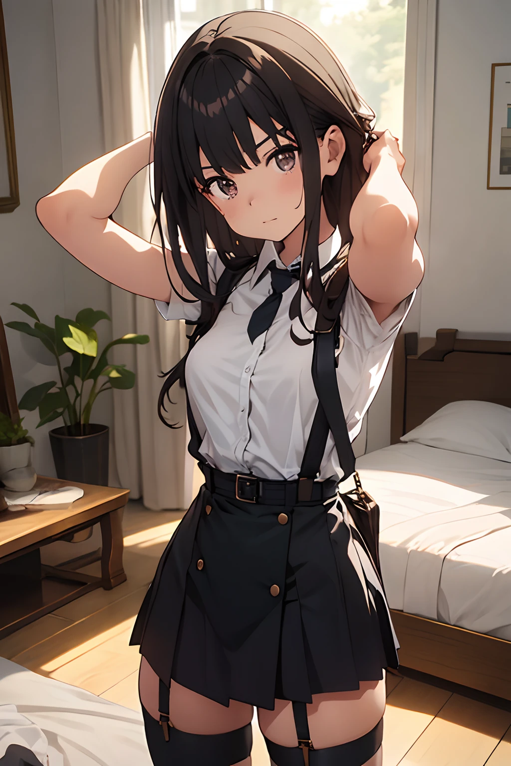 masterpiece、flat-colors、depth of fields、lens flare 1 girl、、Brown hair、watching at viewers black suspenders Bulging big breasts Armpit sweat perspiring Side of both hands walls: Black miniskirt garters Gaze Small face Bangs Upper Eyes flank holster Belt Armament Beautuful Women srestrained Hands behind your back On the bed