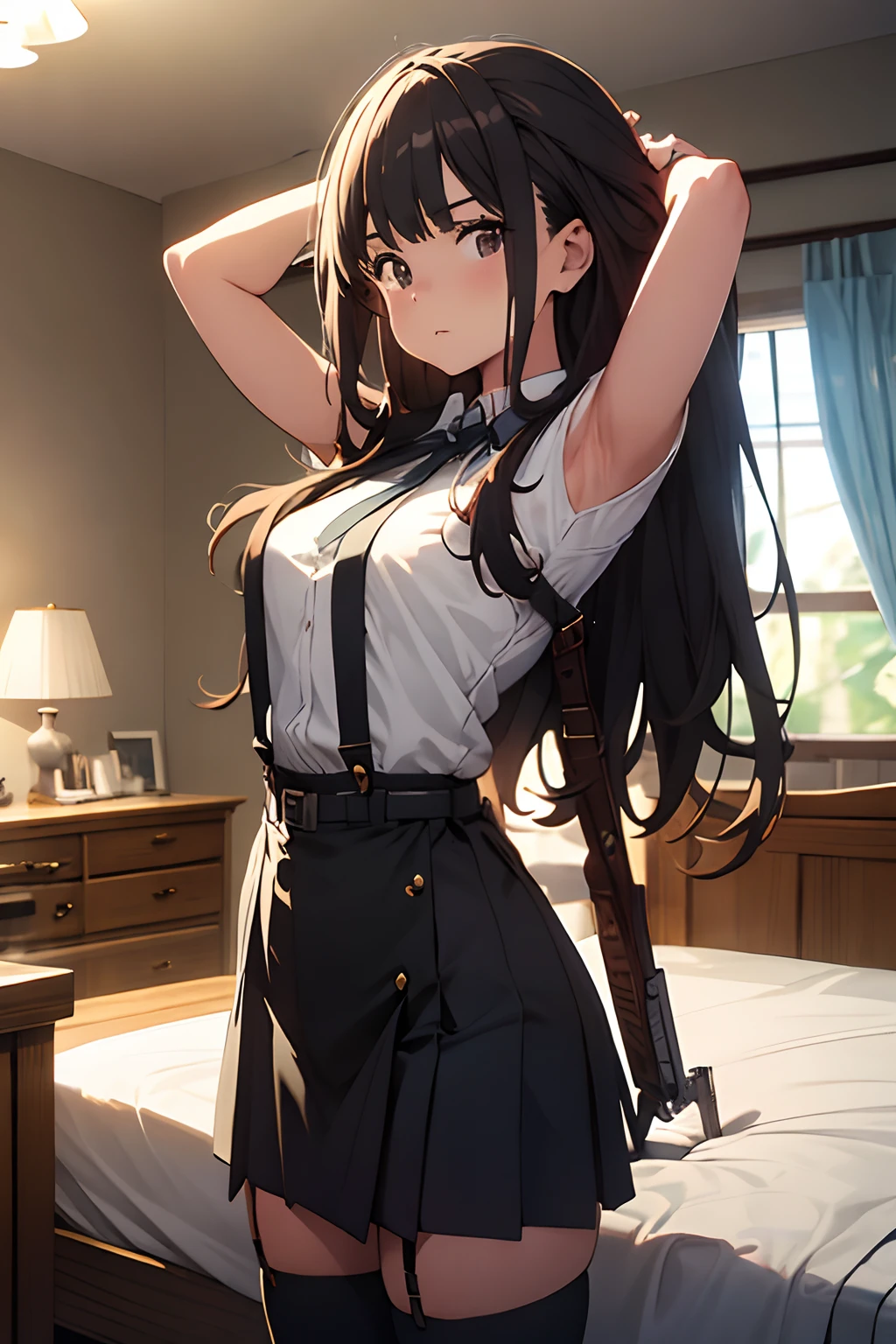 masterpiece、flat-colors、depth of fields、lens flare 1 girl、、Brown hair、watching at viewers black suspenders Bulging big breasts Armpit sweat perspiring Side of both hands walls: Black miniskirt garters Gaze Small face Bangs Upper Eyes flank holster Belt Armament Beautuful Women srestrained Hands behind your back On the bed
