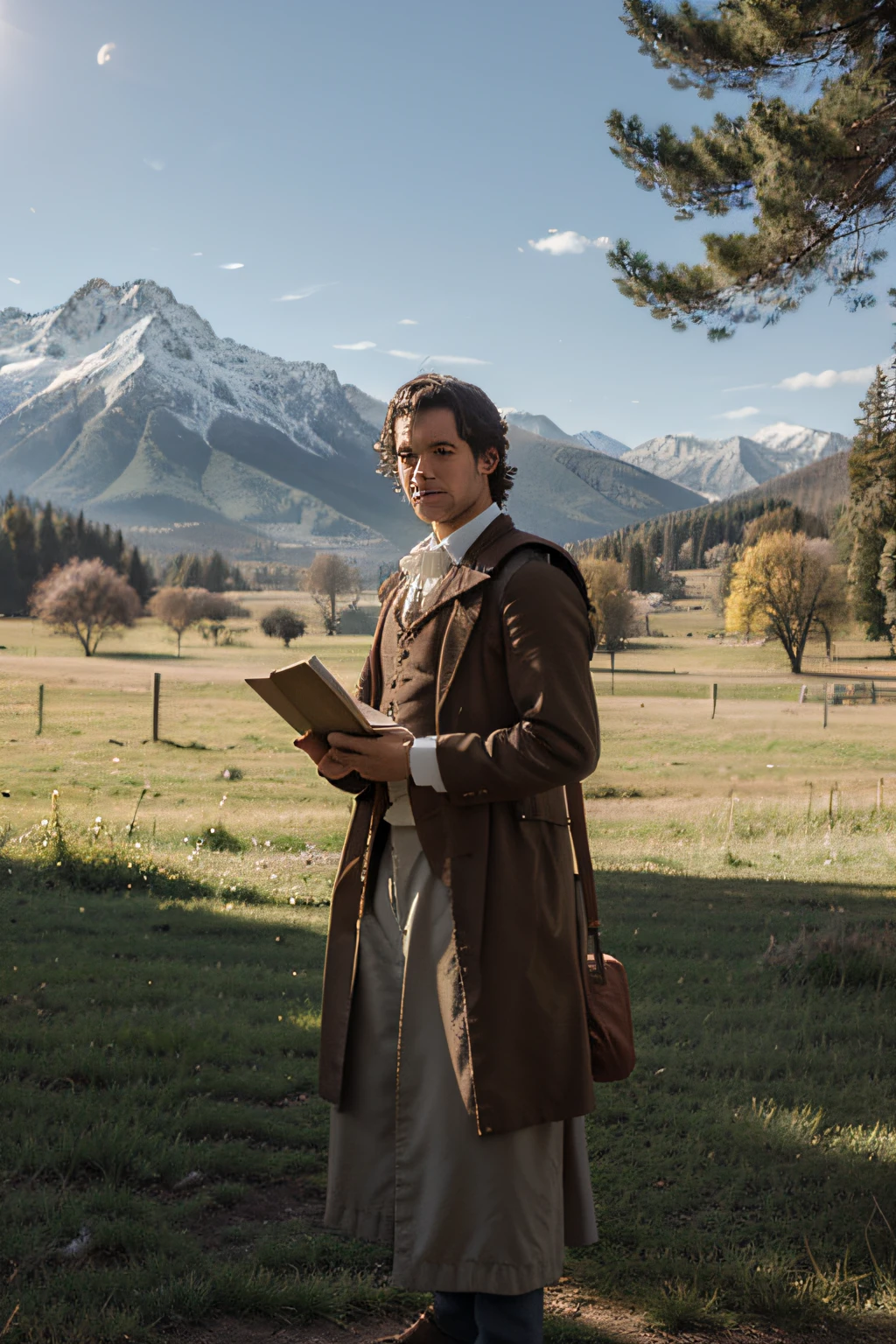 A scholar standing holding books in front of a natural landscape. The landscape reveals mountains, trees and the sun
the scholar wears an 18th century european outfit