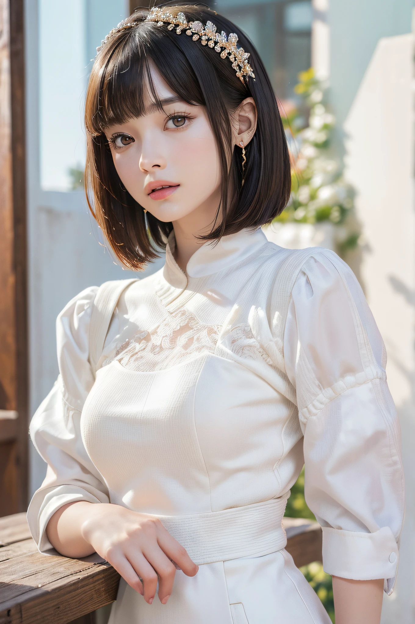(8k, RAW photos, top quality, masterpiece: 1.2), ultra detailed, super resolution, (real, real photos: 1.37), portraits, high definition RAW color photos, professional photos, very detailed and beautiful, highly detailed, 8k wallpapers, amazing details, huge file size, official art, highly detailed CG Unity 8k wallpapers, highly detailed beautiful girls, highly detailed faces, Highly Detailed Eyes, Highly Detailed Skin, Highly Detailed Fingers, Very Detailed Nose, Highly Detailed Detailed Mouth, Perfect Anatomy, Detailed Background, Detailed Clothes, One Girl, (20:1.2), 20s, Cute Girl, Realistic Body, Petite, White Skin, Radiant Skin, Slim Body, Black Hair, Short Hair, (Blunt Bangs: 1.2), Cute, Youthful, Pretty Face, Realistic Face, Delicate Eyes, Sale Eyes, ( (Fashionable winter clothes)), ((Up)), ((((Short hair)))), Earrings, Looking at the camera, Cowboy shot, Facing Front, Standing Posture, Contrapposto, Dynamic Lighting, C Cup Breasts,Sakura Miko、