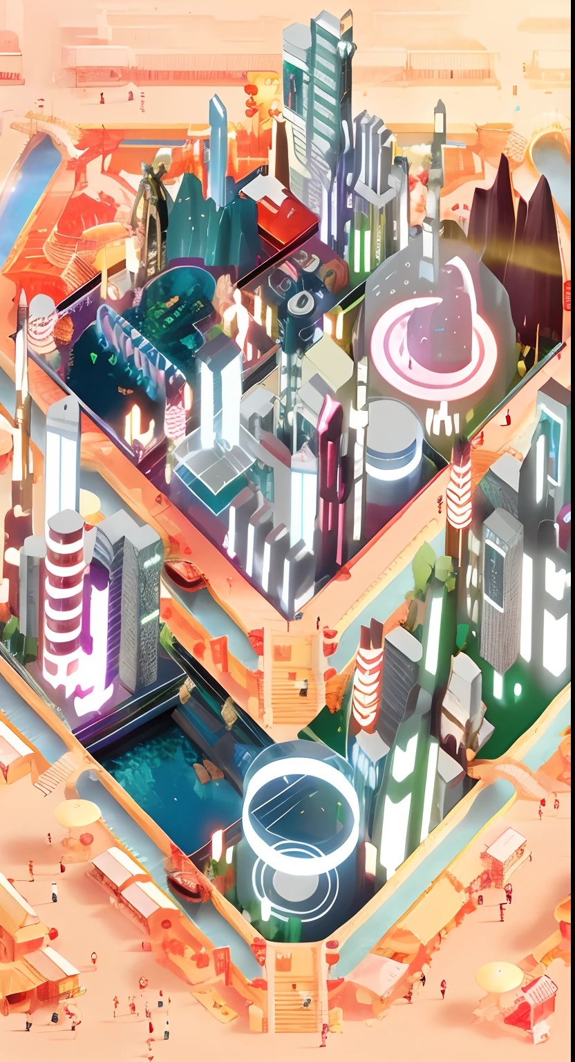 Urban illustration with futuristic architecture and futuristic clocks, isometric futuristic game, Futuristic city, isometric 8k, hyper-futuristic city, futuristic urban background, Utopian city, detailed photo of virtual world, futuristic utopian metropolis, rivers. space colony, dense hypermaximalist metropolis, incredible isometric screenshot, isometric game art