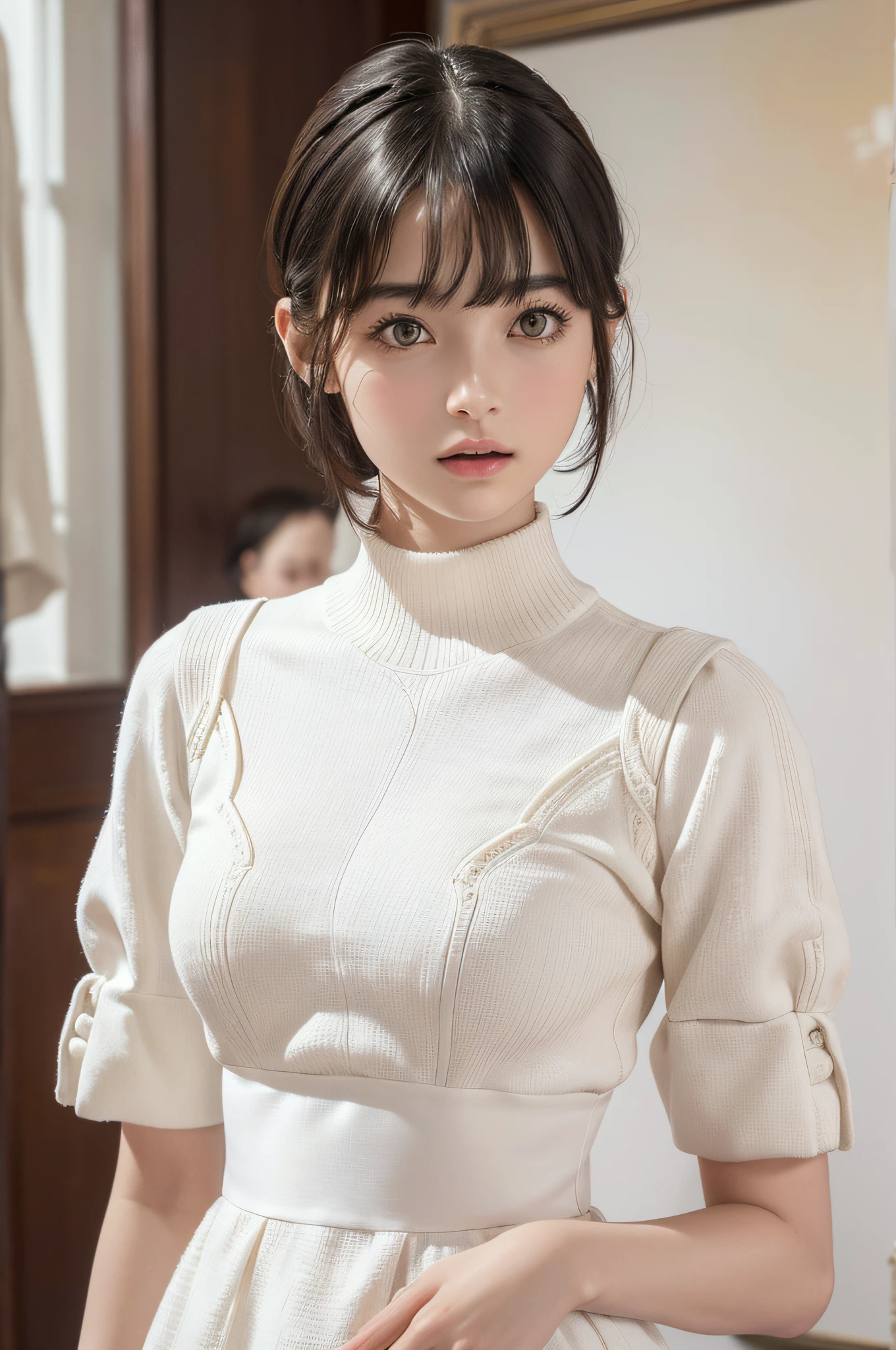 (8k, RAW photos, top quality, masterpiece: 1.2), ultra detailed, super resolution, (real, real photos: 1.37), portraits, high definition RAW color photos, professional photos, very detailed and beautiful, highly detailed, 8k wallpapers, amazing details, huge file size, official art, highly detailed CG Unity 8k wallpapers, highly detailed beautiful girls, highly detailed faces, Highly Detailed Eyes, Highly Detailed Skin, Highly Detailed Fingers, Very Detailed Nose, Highly Detailed Detailed Mouth, Perfect Anatomy, Detailed Background, Detailed Clothes, One Girl, (20:1.2), 20s, Cute Girl, Realistic Body, Petite, White Skin, Radiant Skin, Slim Body, Black Hair, Short Hair, (Blunt Bangs: 1.2), Cute, Youthful, Pretty Face, Realistic Face, Delicate Eyes, Sale Eyes, ( (Fashionable winter clothes)), ((Up)), ((((Short hair)))), Earrings, Looking at the camera, Cowboy shot, Facing Front, Standing Posture, Contrapposto, Dynamic Lighting, C Cup Breasts,Sakura Miko、