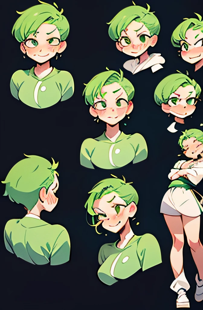 tomboy, Roronoa Zoro,long eyelashes, light smile, ear blush, fang, green hair, short hair, hair pulled back, all back, boy hair, one eye closed, character chart, full body,different body movements,super detail, accurate, best quality