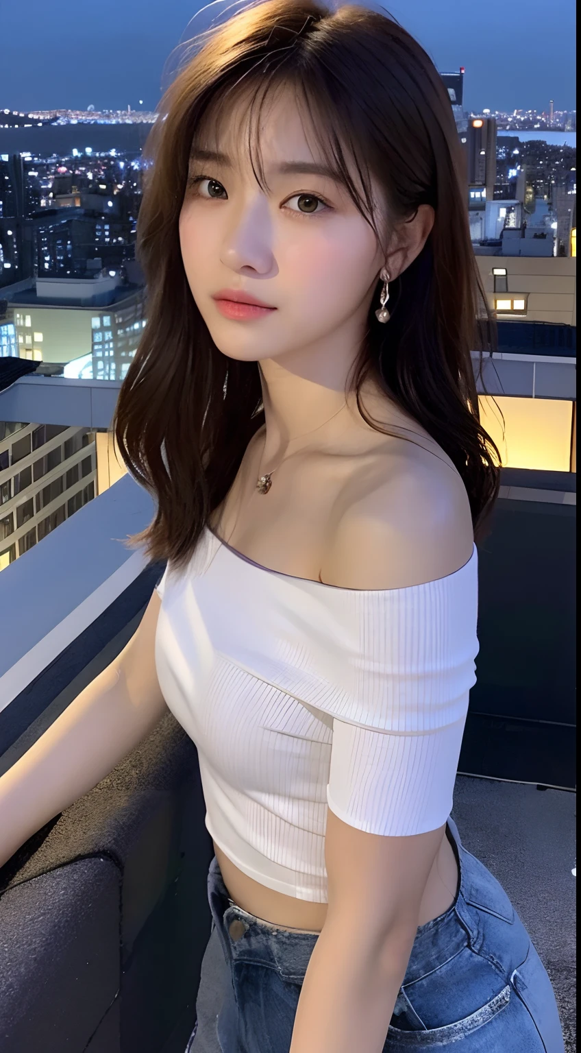 ((mid night、top-quality、8k、masterpiece:1.3))、full bodyesbian、long legged、foco nítido:1.2、Pretty woman with perfect figure:1.4、Slender Abs:1.1、((dark brown hair、))、(White tight t-shirt、is standing:1.2)、((Night City View、On the rooftop:1.3))、Highly detailed facial and skin texture、A detailed eye、二重まぶた、evening glow、murky、in backlight、off shoulders