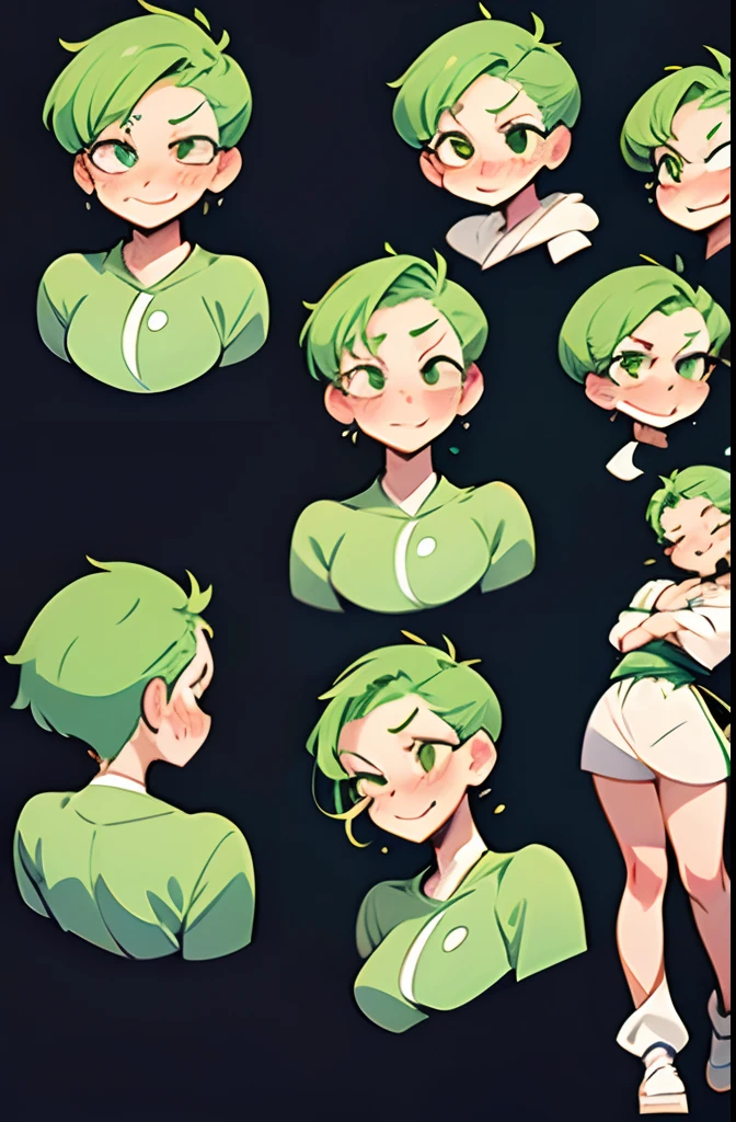 tomboy, Roronoa Zoro,long eyelashes, light smile, ear blush, fang, green hair, short hair, hair pulled back, all back, boy hair, one eye closed, character chart, full body,different body movements,super detail, accurate, best quality