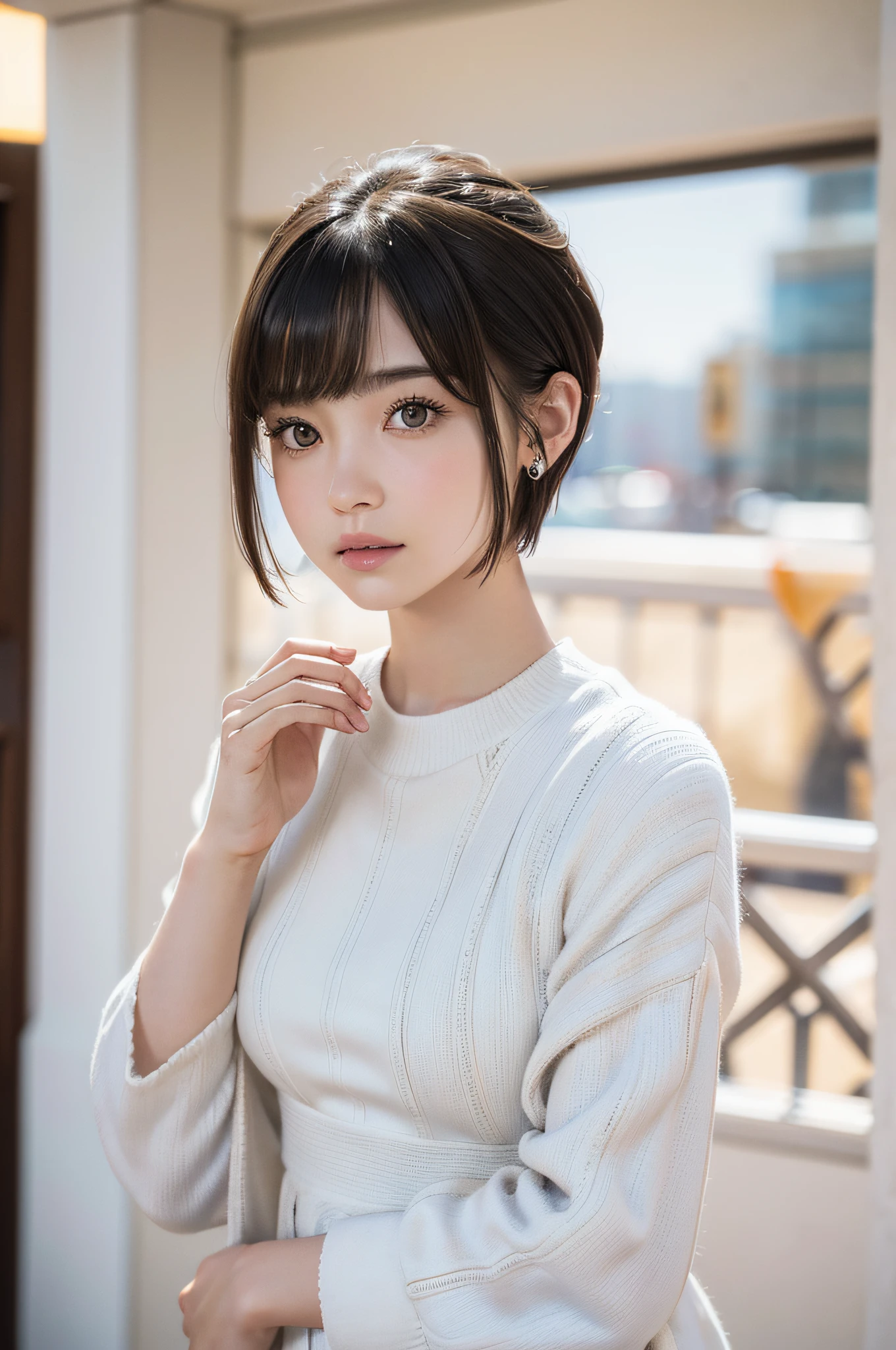 (masutepiece, top-quality、Very attractive adult beauty、Add intense highlights to the eyes、Look firmly at the camera:1.4、Beautiful woman full of adult charm、Ideal ratio body proportions、Perfect Anatomy、Brunette Short Bob Hair、Lustrous hair、lipgloss),1girl in, 独奏, Light brown shiny hair, muffler,realisitic, looking at the viewers、Tilt your head slightly, Bright colored crystal light blue eyes, short shiny hair、 White turtleneck outfit with a hole in the center of the chest,Sexy white turtleneck knit sweater with a round hole in the middle of the chest、 s lips, lipgloss,bangss, The upper part of the body、big eye、Lashes、The face is a little red、Embarrassing)、((Road system in Italy in winter))、((Shorthair with bangs、big eye、Put very strong highlights in your students、{Gigantic|Big|Huge|Mega} breasts:1.4、beautiful deep valley、very Bigger breasts:1.4、gazing at viewer、Very beautiful beauty、Put your ears out、Long and beautiful Zhu Lake 1.4、little smiling、Beautiful teeth、Open your mouth and smile、Heart-shaped pupil))、28 year old、Very cute supermodel、