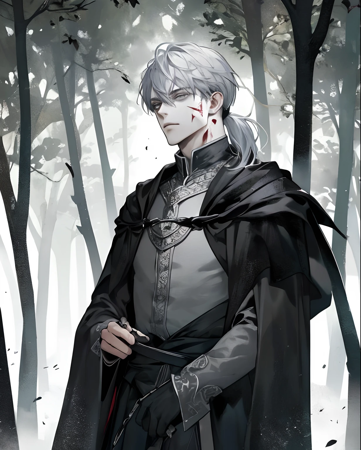 1 male, beautiful, silver hair with low ponytail, dark grey eyes, detailed eyes, black cloak, dark sorcerer, rogue mage, alone in a dark forest, depressed, calm, medieval fantasy, wounded, bleeding