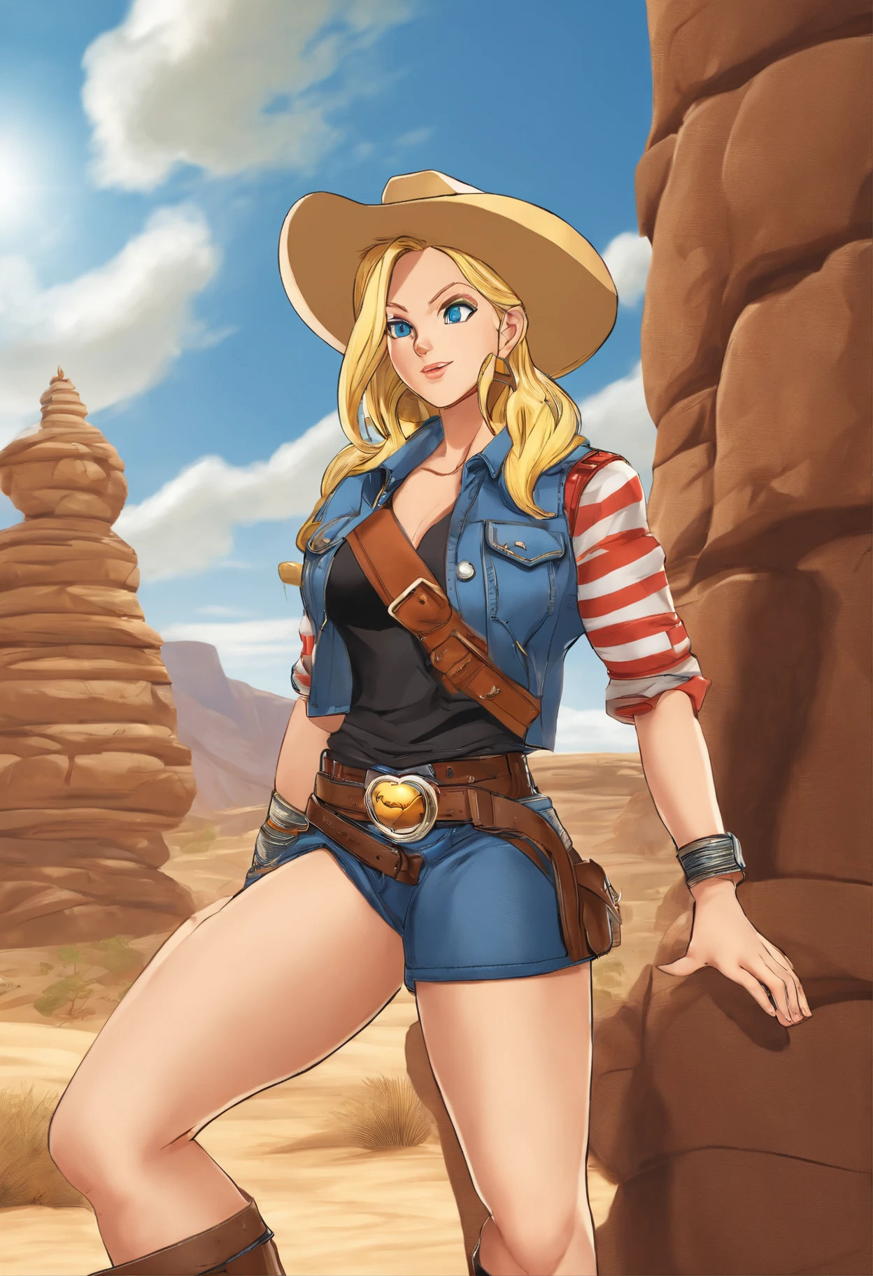 (cow boy shot: 1.2), (Android_18, and18(dragonball z), (finely detailed beautiful eyes and detailed face), (face through thigh: 1.4), (Knee Shooting: 1.2), Blonde hair, Solo, Lady, (Beautiful background), :), Dynamic Angle, Blue eyes, Light face, Sunlight, (Bright face: 1.2), Very wide hips, very thick thighs, Full body shot, Solo, Blonde hair,  Blue eyes, Short hair, Earrings, jewelry, denim vest, Open vest, (Black shirt), Denim skirt, (Long striped sleeves), Blue skirt, Brown cowboy boots