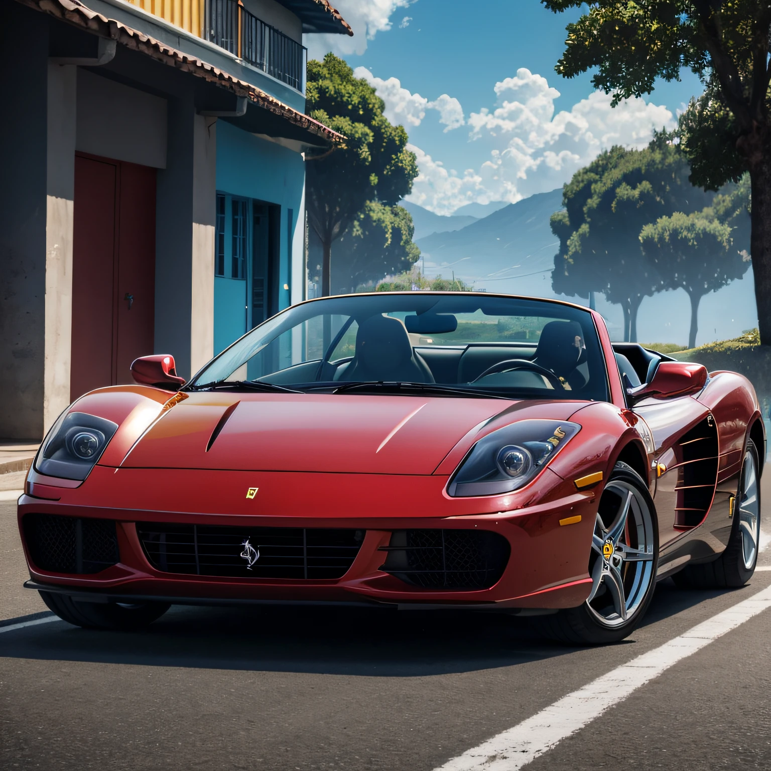 Full, centered photo of a Ferrari Testarossa convertible shiny polished metal color bright blue, a pintura reflete tudo ao seu redor, estilo cyberpunk, cercado de luz neon colorida, roda grossa, roda dourada, detalhes em dourado, Woman in sunglasses driving, neon na pintura do carro, pintura reflexiva que reflete tudo ao seu redor, farol detalhado, farol muito detalhado, as detailed as possible, hiper-realistic as realistic as possible, melhor qualidade, RAW, obra-prima, foto super fina, melhor qualidade, super high res, fotorrealista, luz solar, enquadrando o carro inteiro na foto, incrivelmente bonito,, dinamic pose