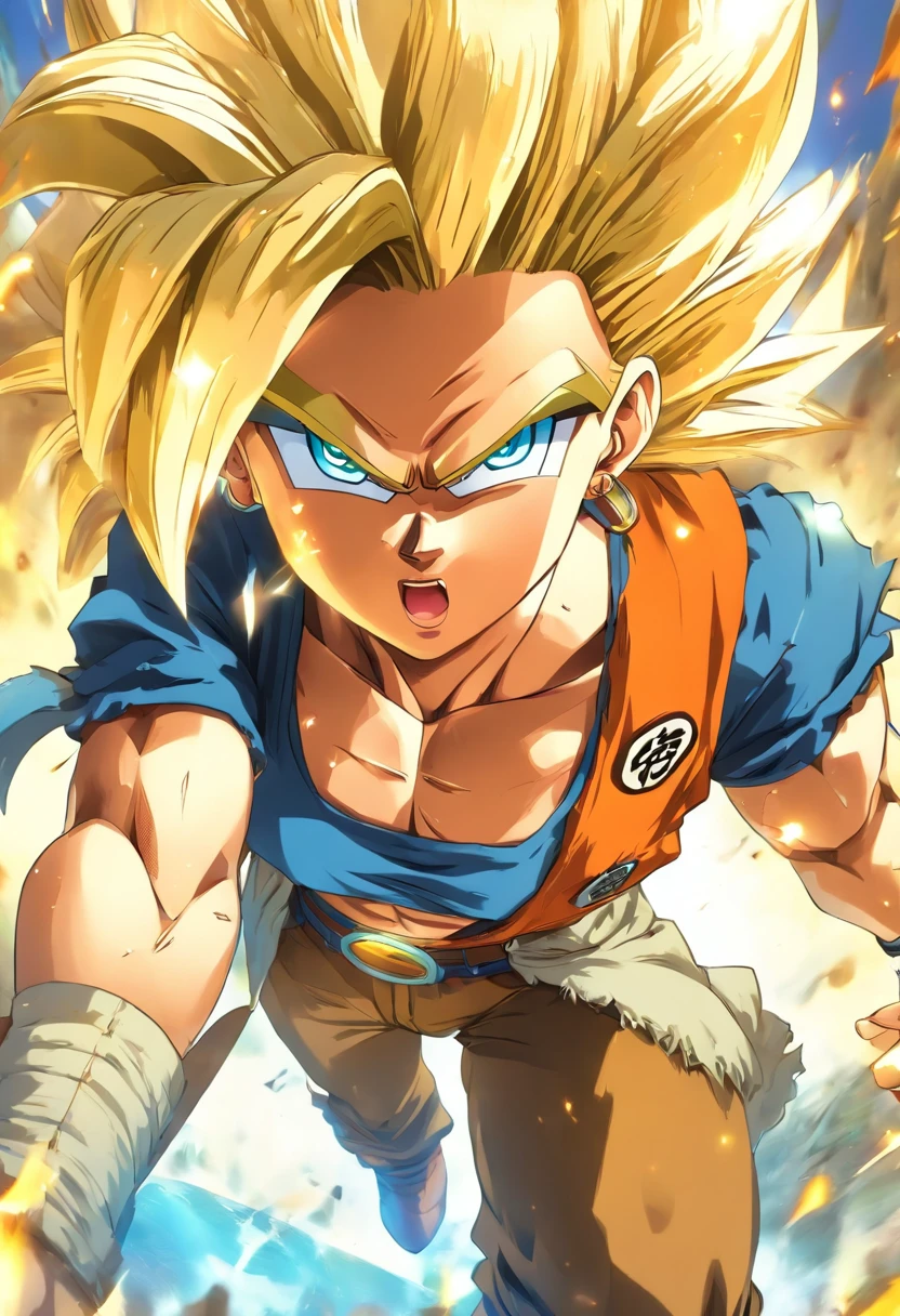 (cow boy shot: 1.2), (Android_18, and18(dragonball z), (finely detailed beautiful eyes and detailed face), (face through thigh: 1.4), (Knee Shooting: 1.2), Blonde hair, Solo, Lady, (Beautiful background), :), Dynamic Angle, Blue eyes, Light face, Sunlight, (Bright face: 1.2), Very wide hips, very thick thighs, Full body shot, Solo, Blonde hair, Blue eyes, Short hair, Earrings, jewelry, denim vest, Open vest, (Black shirt), Denim skirt, (Long striped sleeves), Blue skirt, Brown cowboy boots