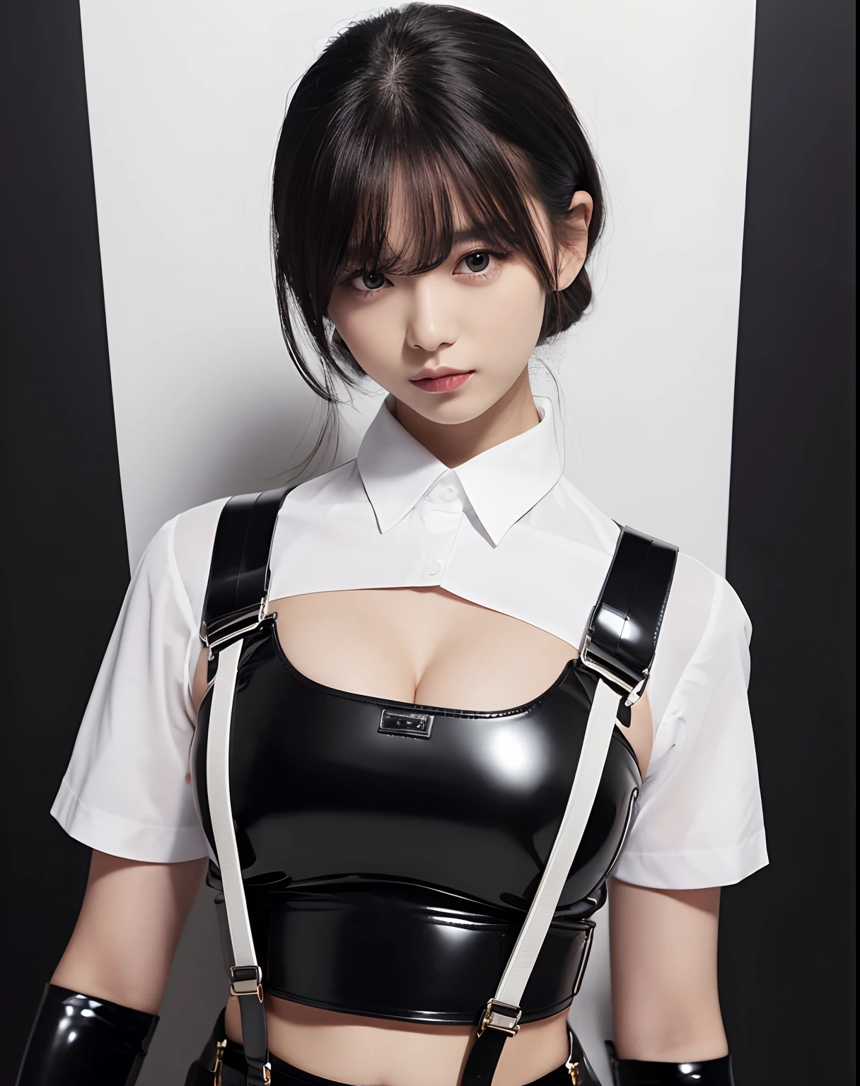 (masterpiece、highest quality、Highest quality),(night:1.8,Dark Room:1.6, Cinematic Lighting:1.5, Dark locker room:1.5),The perfect person、The perfect background、Perfect Fingerature girl、Gigantic、Slender body、Black high school girl uniform、Half-dressed、
