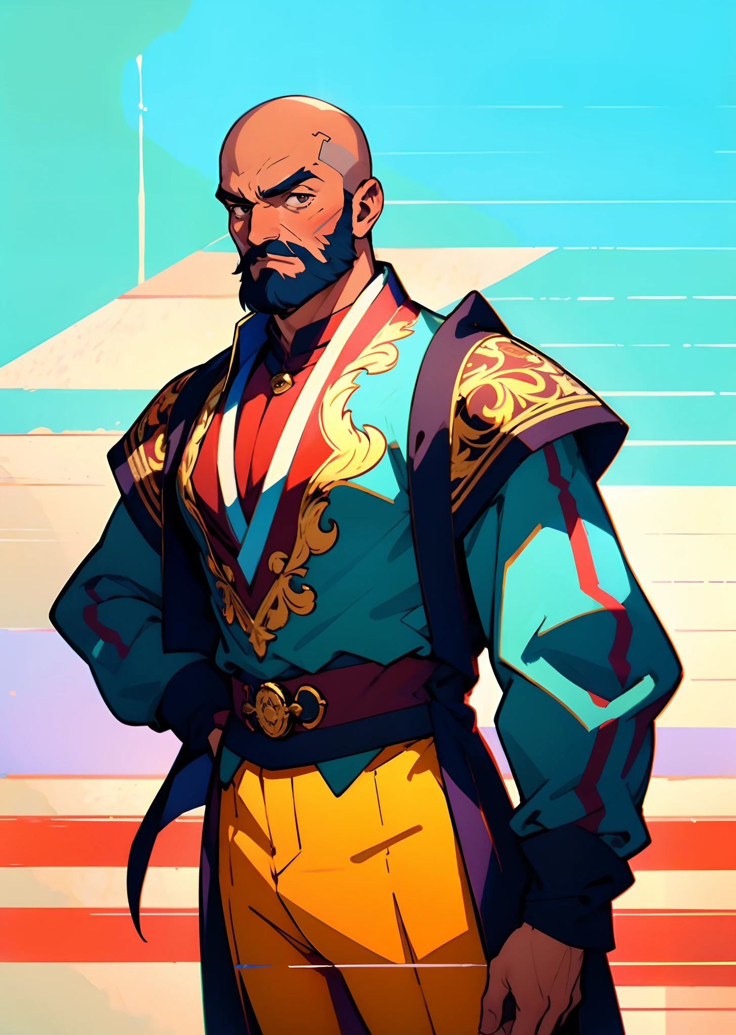 A bald middle-aged man, bold eyebrows, large and round eyes, he has a full beard, flame-shaped war paint on his face, a fantasy-style Chinese robe with intricate silk ribbons and decorations, a light-colored bodysuit, matching trousers, the scene is set in a majestic Chinese hall, this character embodies a finely crafted fantasy-style aristocratic in anime style, characterized by an exquisite and mature manga illustration art style, high definition, best quality, highres, ultra-detailed, ultra-fine painting, extremely delicate, professional, anatomically correct, symmetrical face, extremely detailed eyes and face, high quality eyes, creativity, RAW photo, UHD, 8k, Natural light, cinematic lighting, masterpiece-anatomy-perfect, masterpiece:1.5