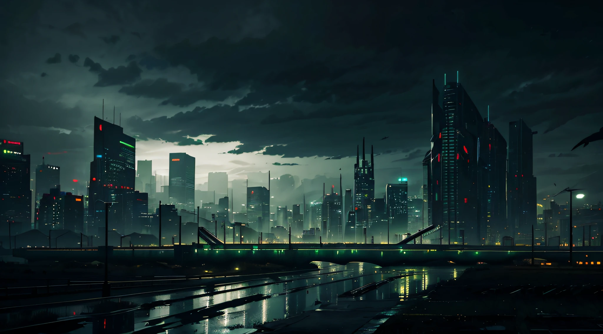 black sky, dark overcast sky, gloomy landscape, hopeless cyberpunk dystopian cityscape in green gray steel lights