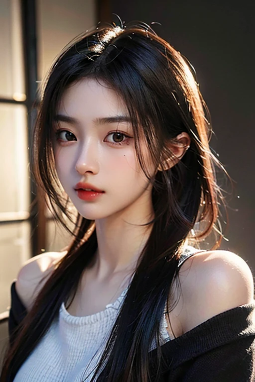 (masterpiece, best quality:1.4), lady, solo, (beautiful face, night:1.2), violaceaess, 8k, absurdres, upper body, puff sleeve peplum, looking at viewer, film grain, chromatic aberration, sharp focus, facelight, sophisticated, (smile:0.5), (neon, street:1.1), simple background, bokeh background, [:detail face:10]