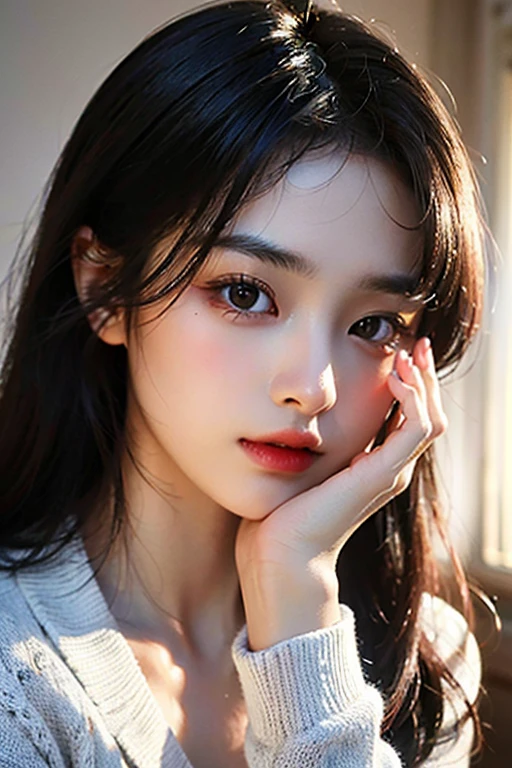 ultra high res,masterpiece,best quality,
very detailde face,detailed eyes,extremely intricate,perfect glossy shiny skins,perfect lighting,detailed lighting,dramatic shadows,ray tracing,
1girl,upper body,black sweater,looking at viewer,
