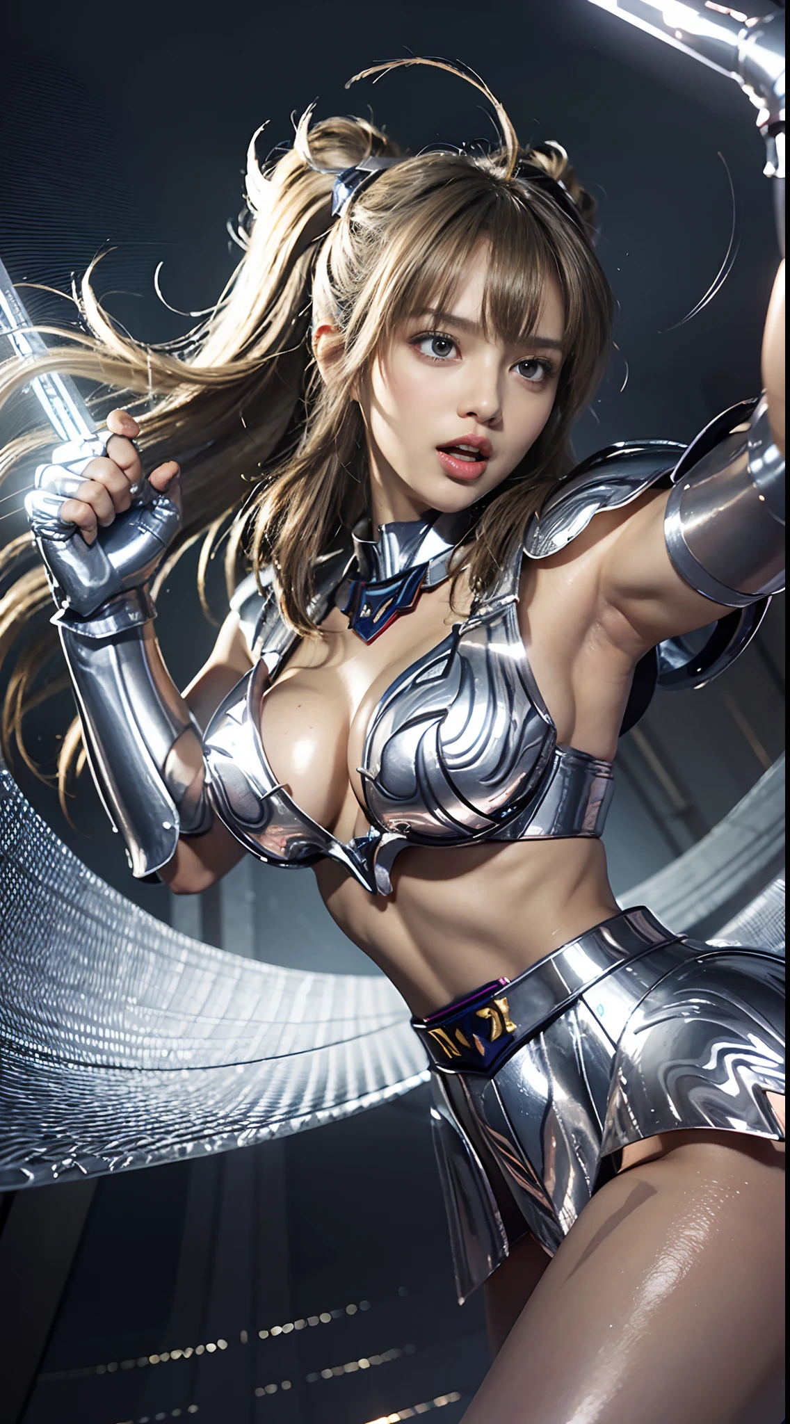 In the martial arts arena of the Colosseum in Greece、Martial Arts Tournaments、Saint Seiya、Beautiful One Girl、huge-breasted、cleavage of the breast、beauty legs、(((Wearing metallic glowing futuristic combat armor)))、((Metal Armor))、((Scream))、((exclamation))、((fighting poses))、8k, top-quality, （pubic hair beauty）、hight resolution, 逼真, realperson,