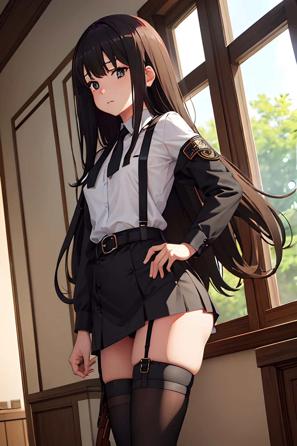 ​masterpiece、flat-colors、depth of fields、lens flare 1 girl、、Brown hair、watching at viewers　　　black suspenders　　　Bulging big breasts　　　 　 Armpit sweat　perspiring　Side of both hands　　walls: 　Black miniskirt　garters　　　　　　Gaze　　　Small face　bangss 　flank　　　　holster　　Belt Armament　Beautuful Women　srestrained　Hands behind your back　On the bed　Leg holster