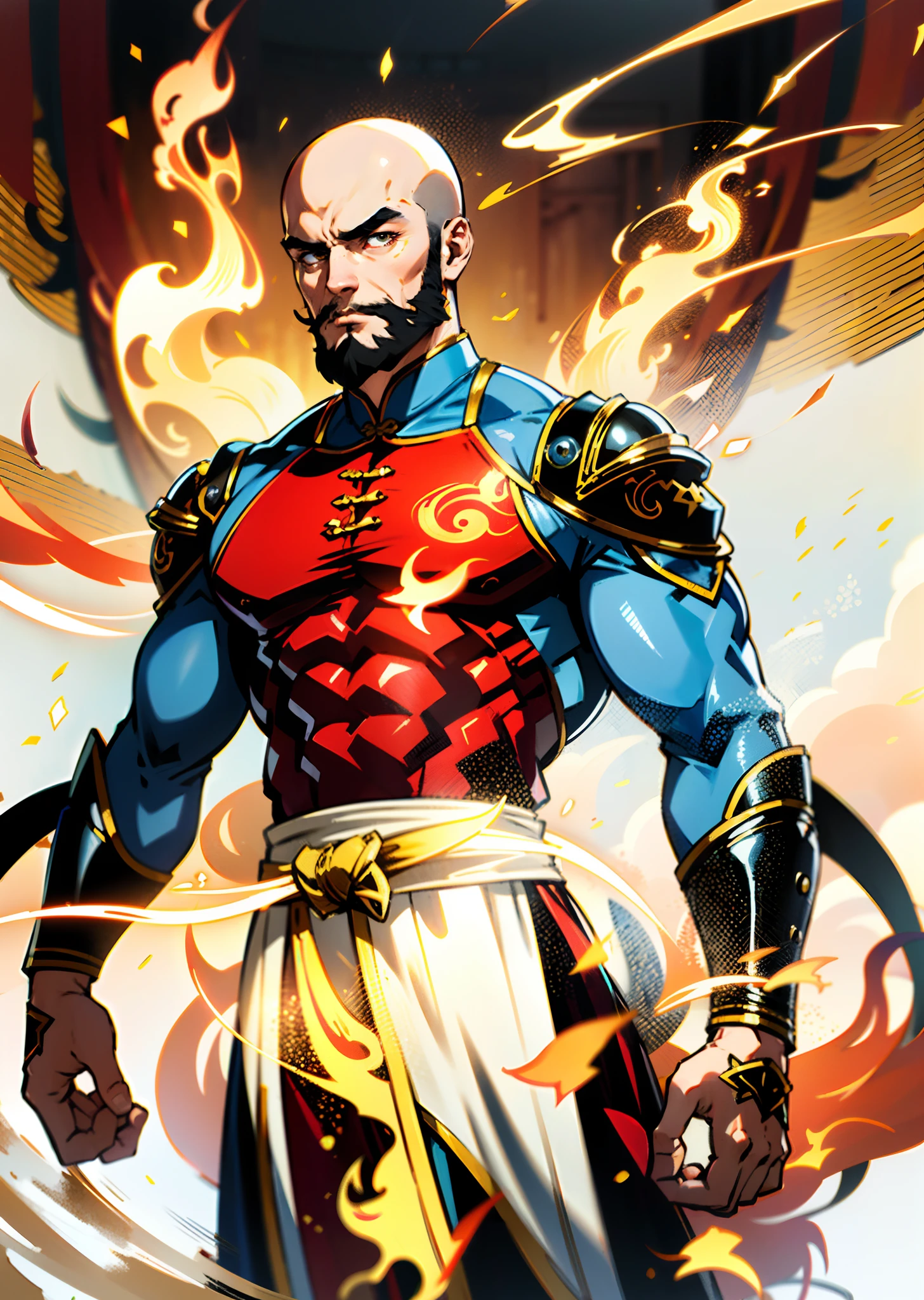 A bald middle-aged man, bold eyebrows, large and round eyes, he has a full beard, flame-shaped war paint on his face, a fantasy-style Chinese robe with intricate silk ribbons and decorations, a light-colored bodysuit, matching trousers, the scene is set in a majestic Chinese hall, this character embodies a finely crafted fantasy-style aristocratic in anime style, characterized by an exquisite and mature manga illustration art style, high definition, best quality, highres, ultra-detailed, ultra-fine painting, extremely delicate, professional, anatomically correct, symmetrical face, extremely detailed eyes and face, high quality eyes, creativity, RAW photo, UHD, 8k, Natural light, cinematic lighting, masterpiece-anatomy-perfect, masterpiece:1.5