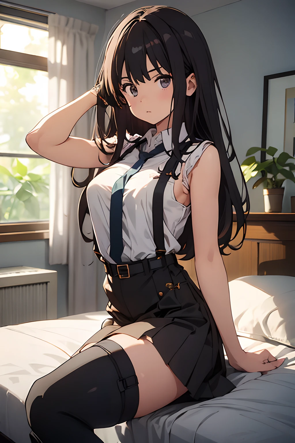 an anime girl sitting on top of a desk, 1girl, solo,  long hair, black skirt, shirt, thighhighs, sleeveless shirt, sitting, sleeveless, pleated skirt, looking at viewer, indoors, off shoulder, collared shirt, open clothes,  ,  black thighhighs,  green eyes,  desk, bowtie, shy, bow,1girl, Cecilia,more_details:-1, more_details:0, more_details:0.5, more_details:1, more_details:1.5