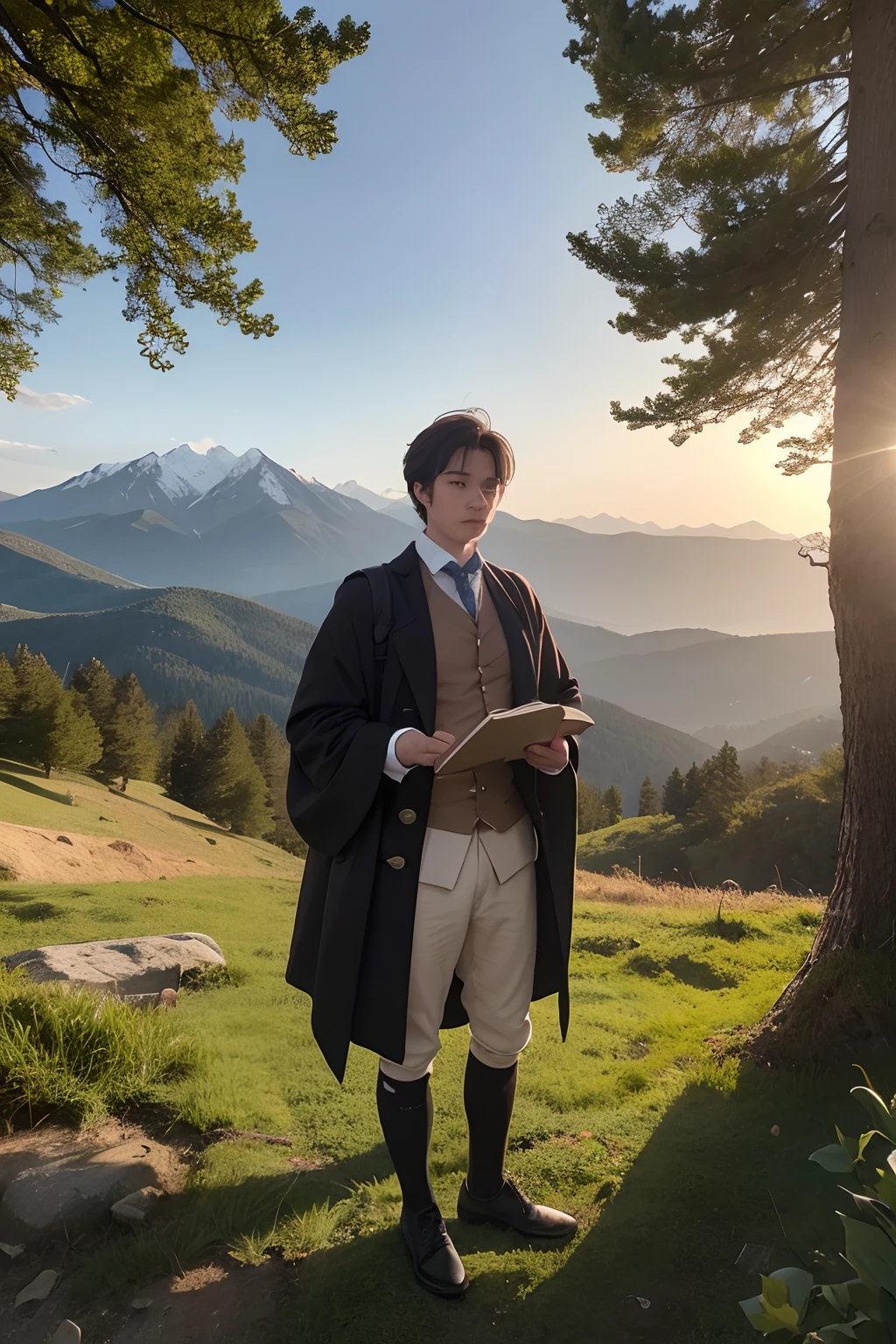 A scholar standing holding books in front of a natural landscape. The landscape reveals mountains, trees and the sun
the scholar wears an 18th century european outfit