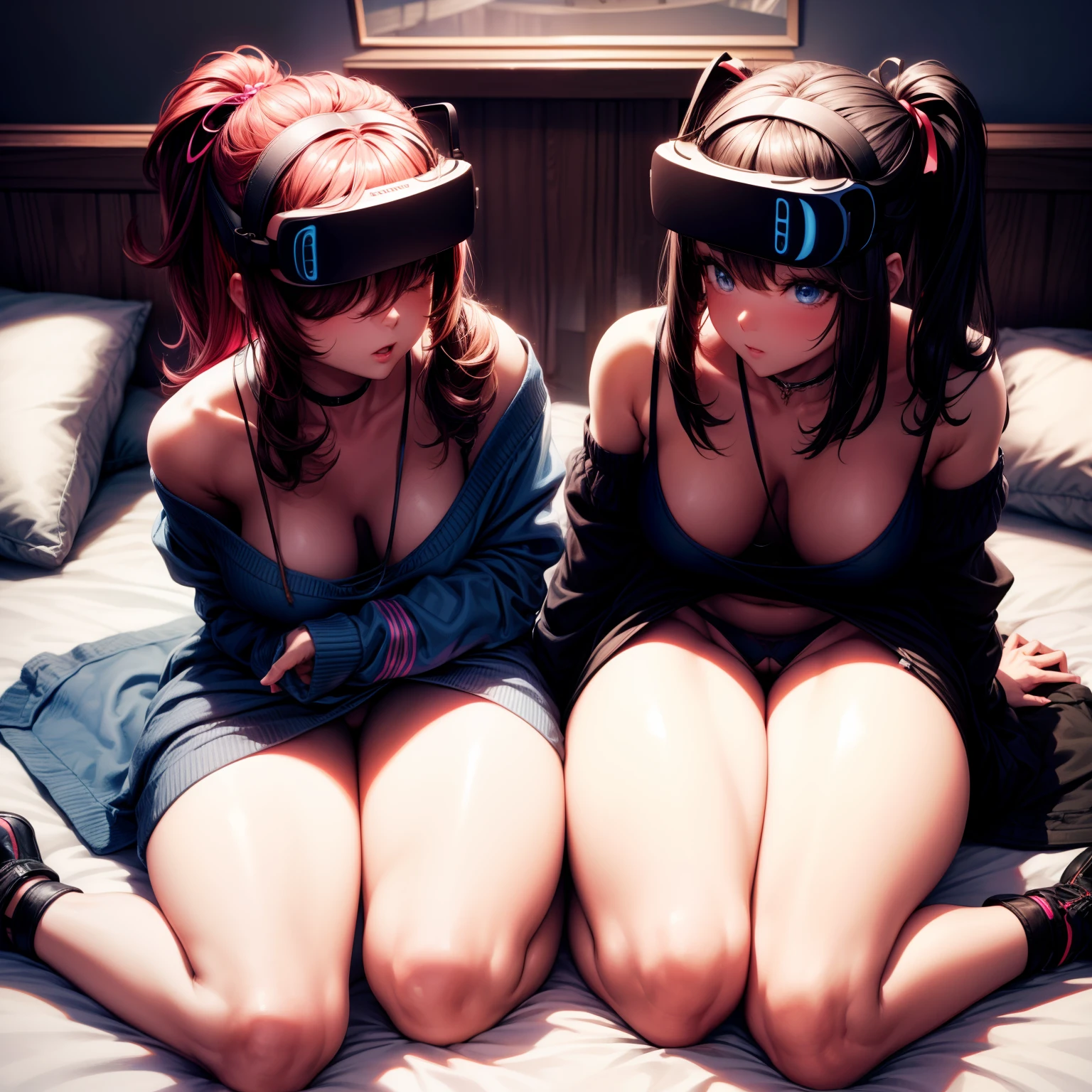 （8K ，Hyper-detailing，Ultra photo realsisim，Best Masterpiece，naturey，Perfect artwork，Perfect female body），Two cute busty girls ，（large tities），Simple and stylish girls' room，Computer，Broadband interface，VR installations，The Eye of Virtual Reality，Detailed high-tech VR eyes，Lie on the big bed，Enter the world of VR games，Sexy loose clothes，Plus-size clothing，Stylish hairstyle，Cute sexy competitive game girl，Lie down in bed，Cool clothes，Built-in thong panties，Large cleavage，slovenly，Stretch meat，Raised sexy，The kinky is exposed ，tit，full body shot of