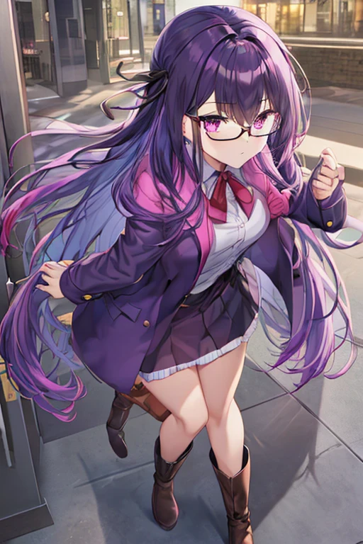 Full body girl with dark purple colored hair, straight long hair, pink eyes, wearing idol clothes, skirt, gloves, boots, a hair ribbon and glasses