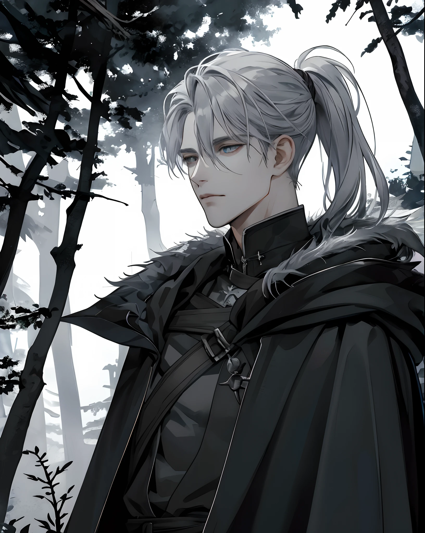 1male people, Beautiful, Silver hair，low ponytail, dark gray eyes, Detailed eyes, Black cloak, Dark wizard, The upper part of the body, Alone in the dark forest, Depressed, calm, medieval fantasy, Wounded and bleeding , Blood magic