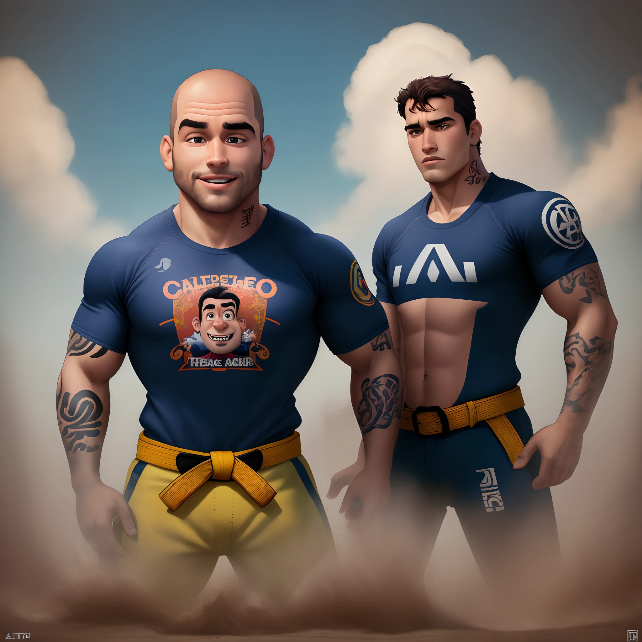 POSTER ESTILO PIXAR DISNEY

FERNANDO OLIVEIRA, is a white belt jiu-jitsu athlete, alto, careca, barba rala preta, olhos pretos, tattoo on upper arm, alegre, sorridente, lutador