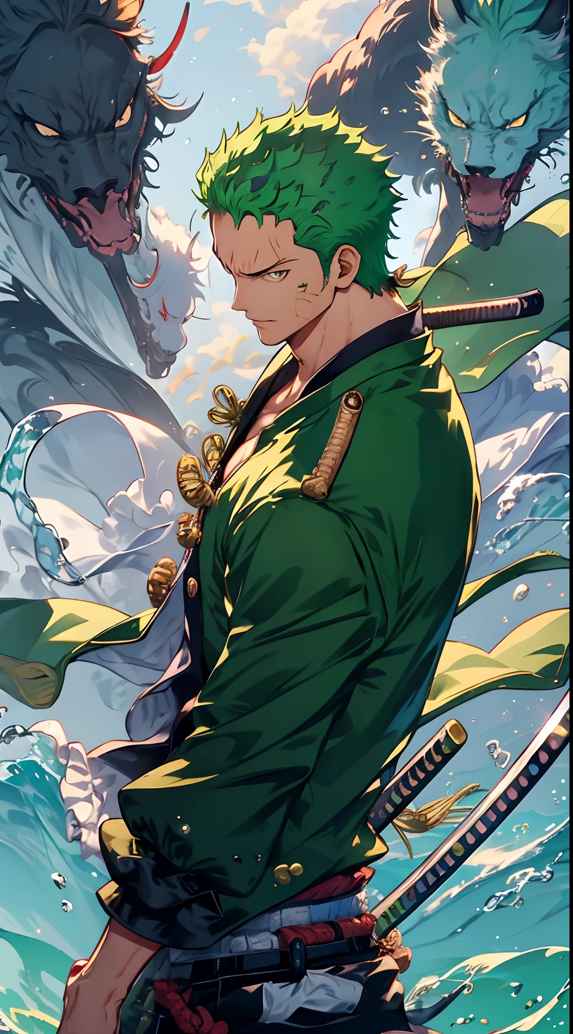 zoro, solo, looking at viewer, short hair, long sleeves, 1boy, jacket, upper body, weapon, male focus, japanese clothes, green hair, water, from side, scar, sheath, scar on face, sheathed, hair slicked back